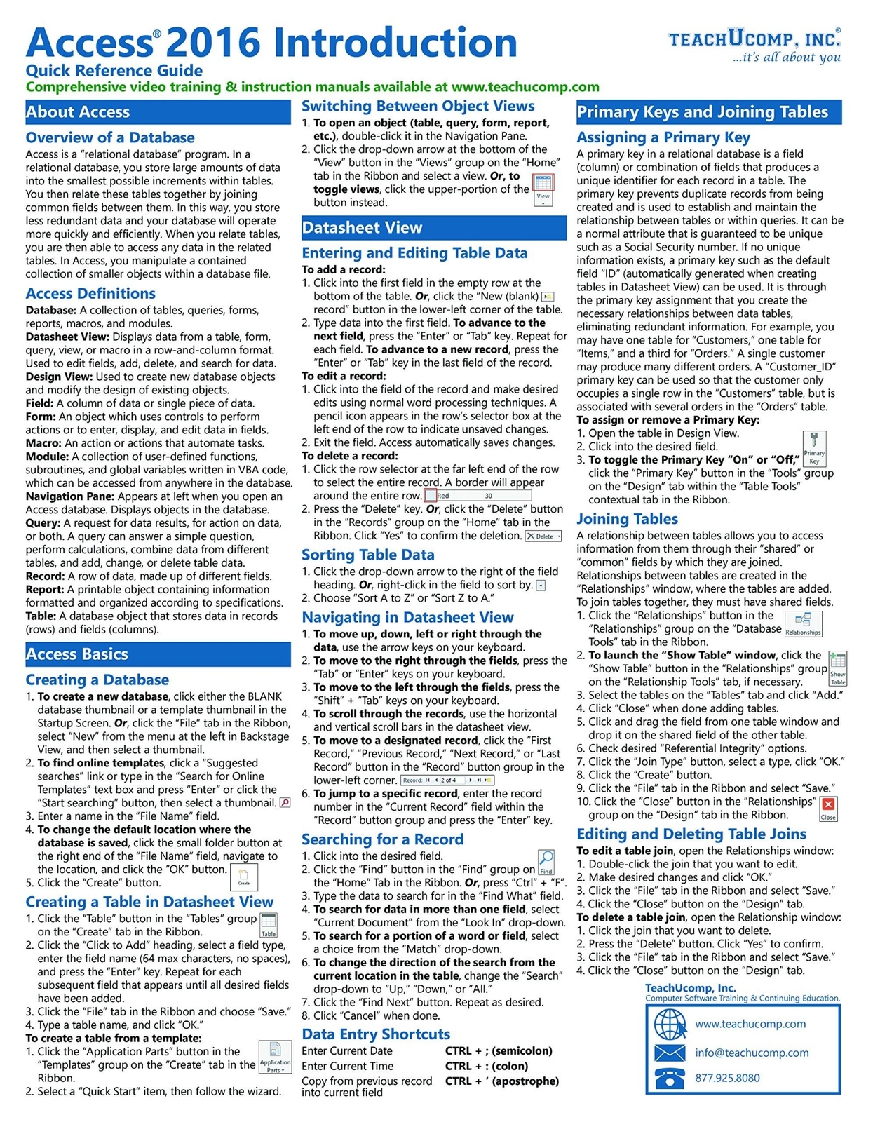 Access 2016 Training Guide Quick Reference Card 2 Page Cheat Sheet Instructions