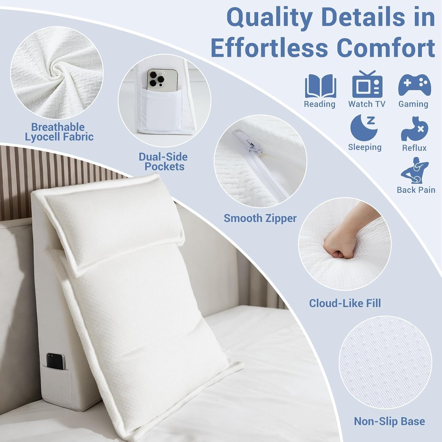 3PCS Bed Wedge Pillow Set for Sleeping, 10" Adjustable Triangle Pillow Wedges fo