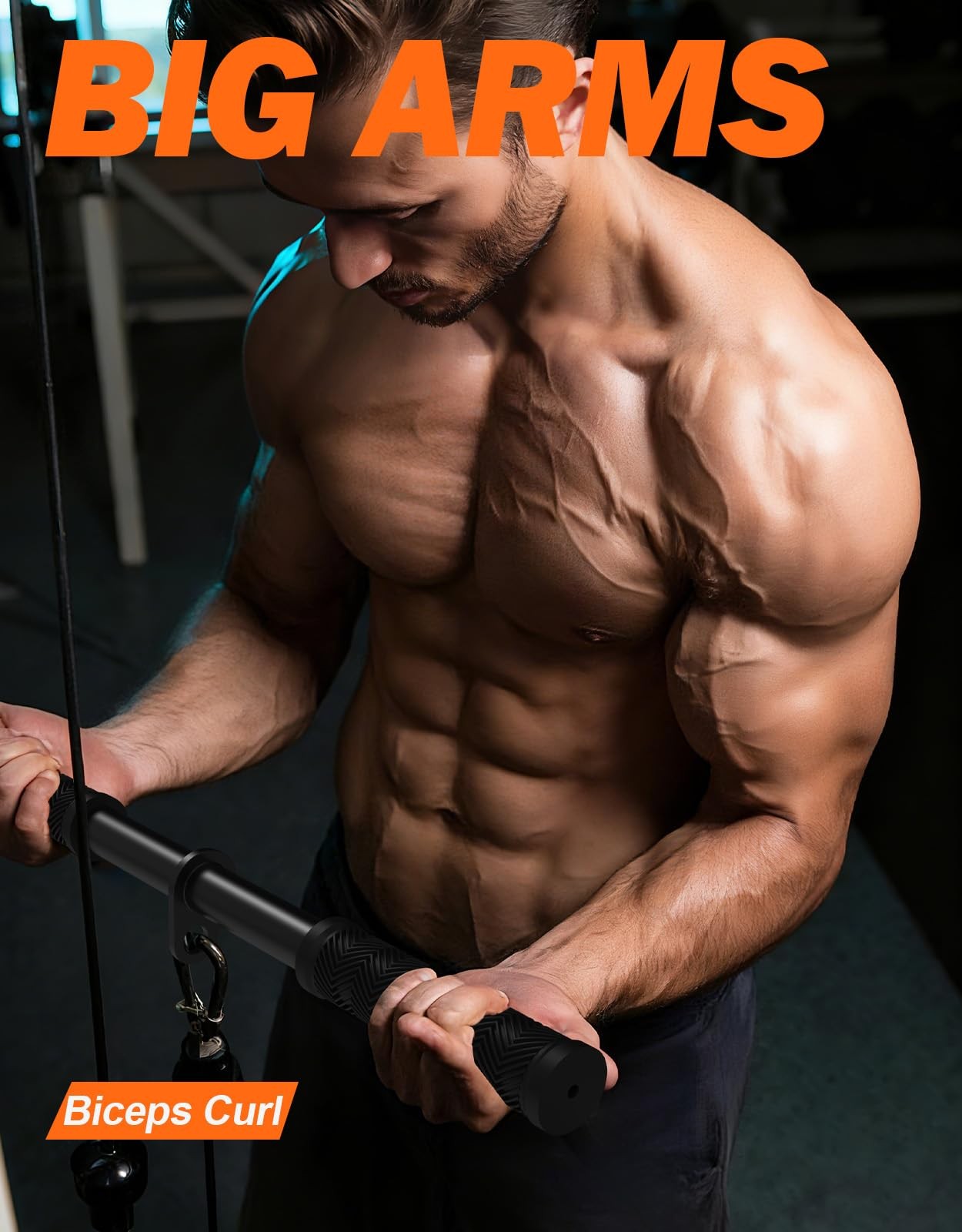 Straight Bar Cable Attachment with Fixed Ring, NonSlip Tricep Bar for Tricep