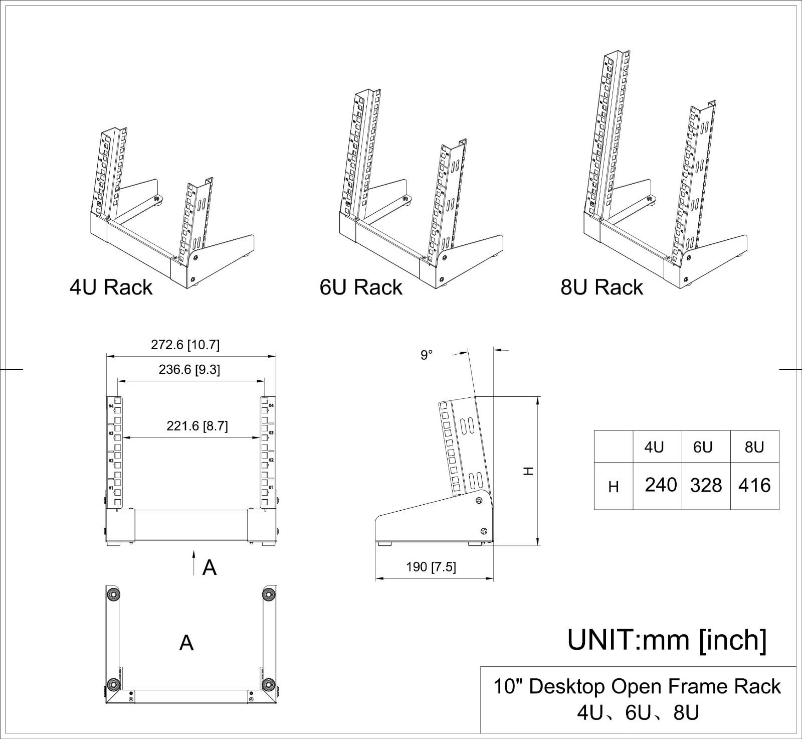 6U Mini Open Frame Desktop Network Rack Cabinet for Servers, Audio, Video Gear