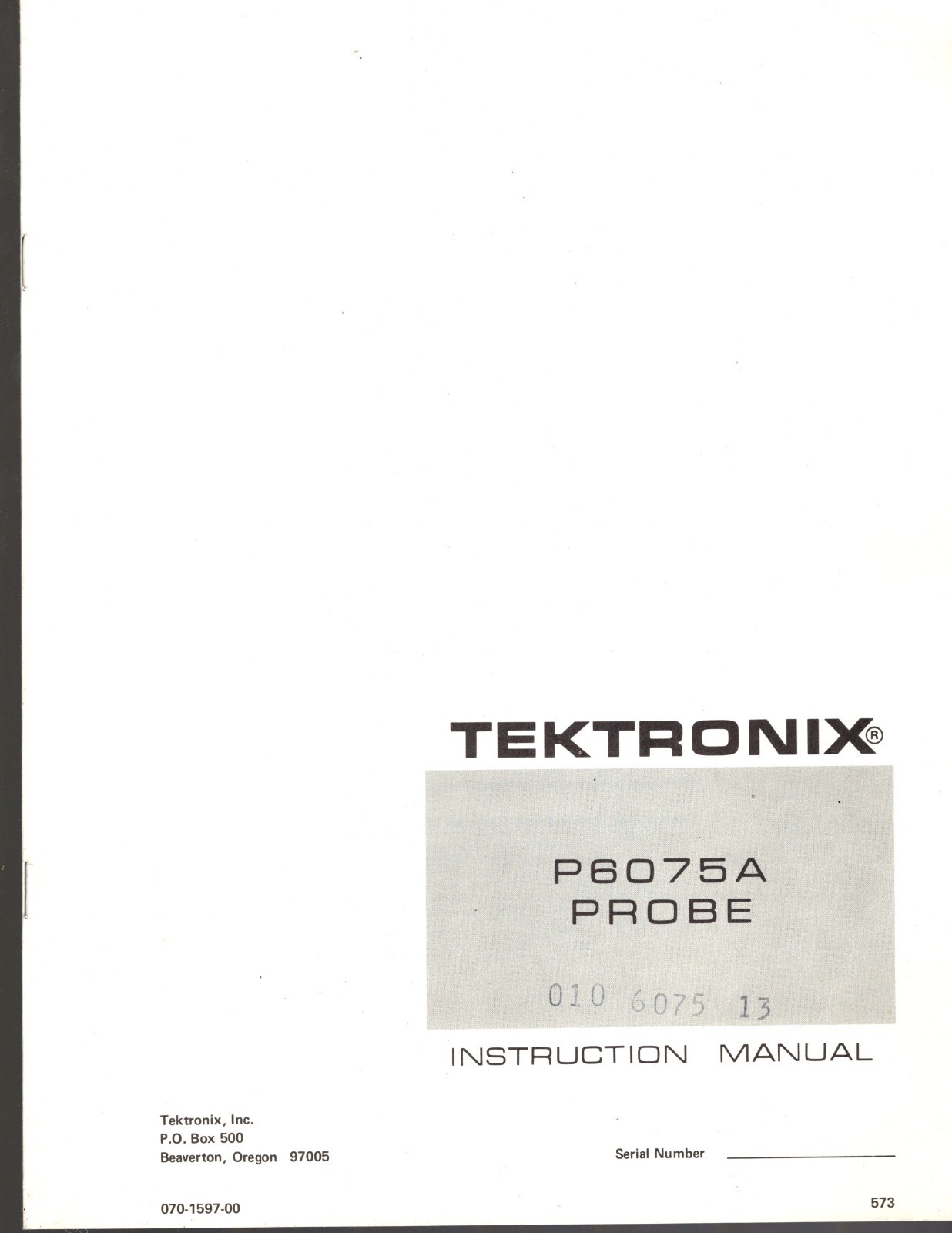 Genuine Tektronix P6075A Probe Instruction Manual 070-1597-00