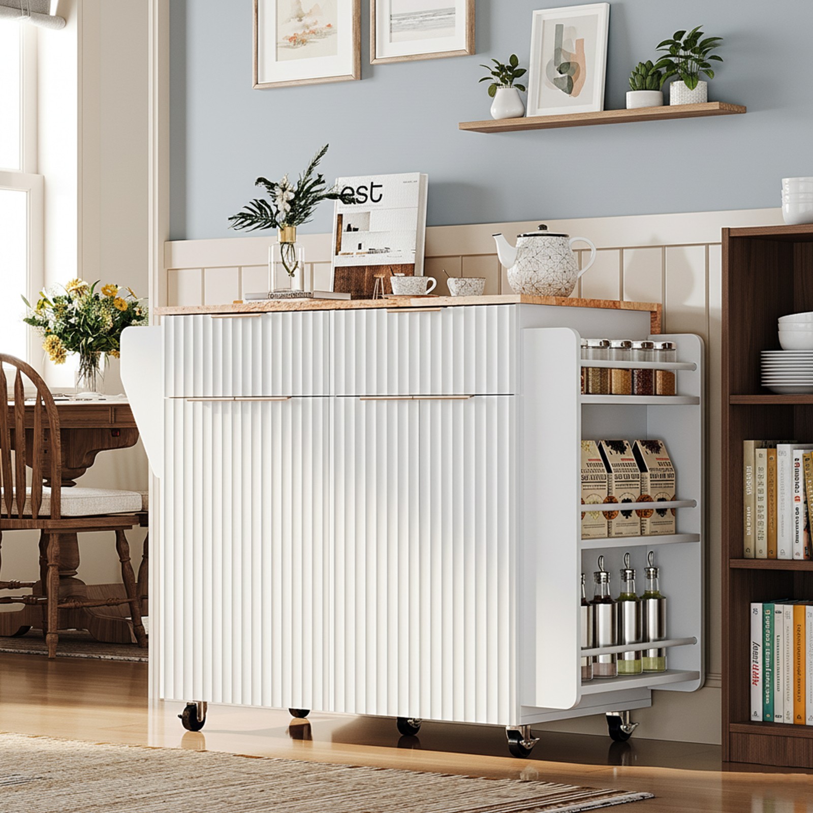 Fluted Kitchen Island Cart with 2 Drawers & 4 Doors Adjustable Shelves White