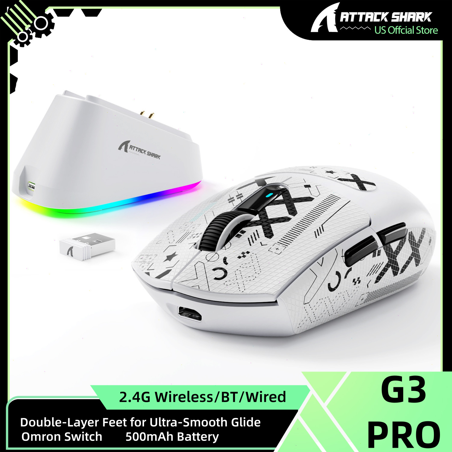 ATTACK SHARK G3PRO Wireless Tri-Mode Optical Mouse with Charge Dock 25000 DPI