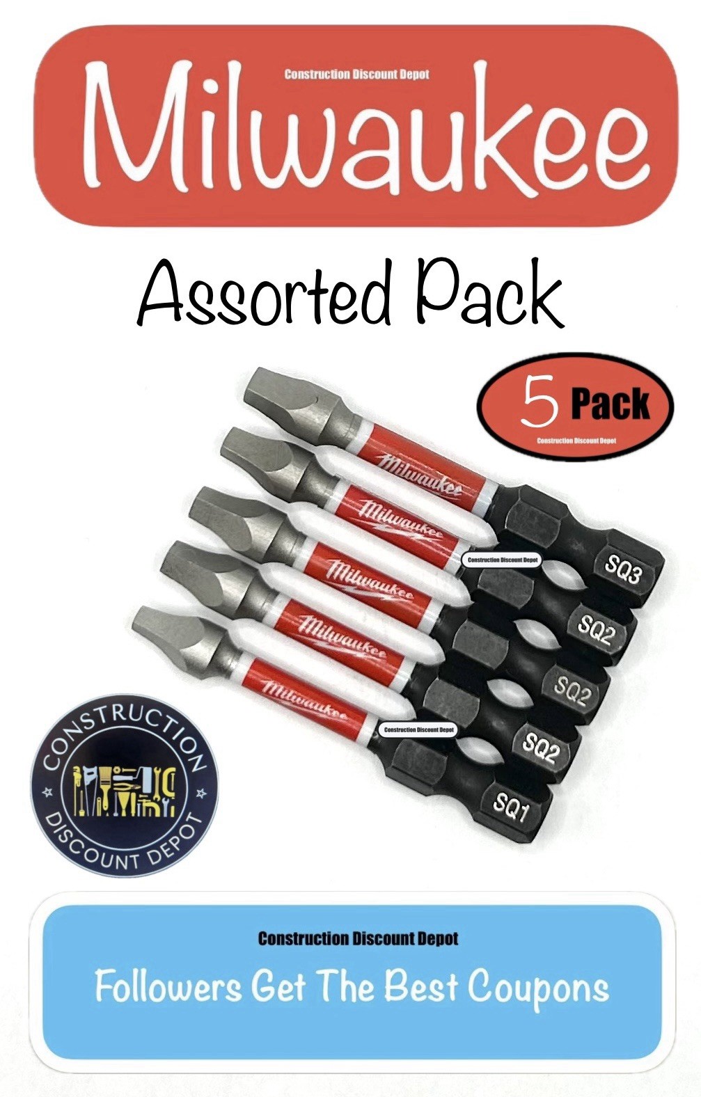 5 Pack Square Assorted Milwaukee Shockwave Impact Set 2" Drill Bit SQ1 SQ2 SQ3