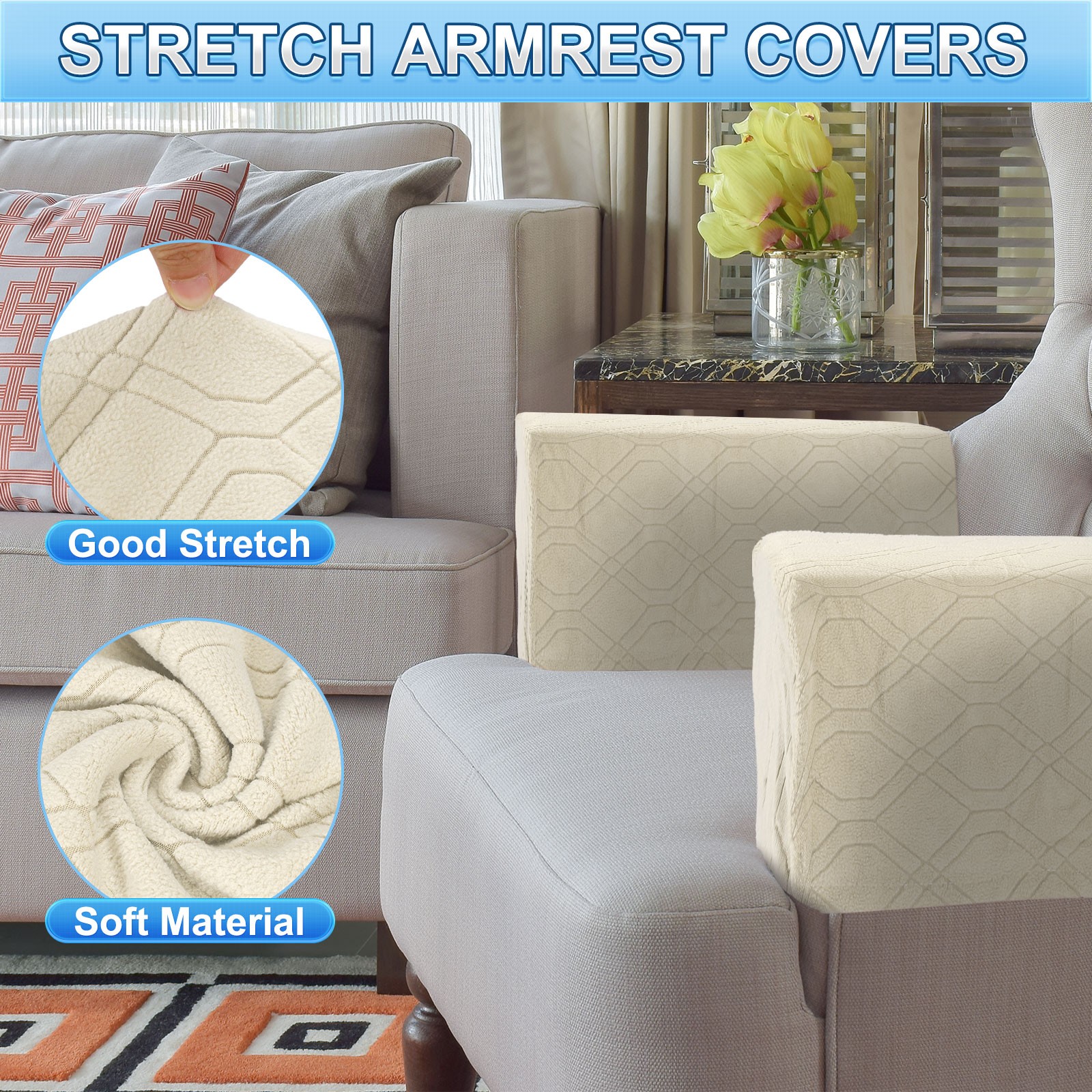 2Pcs Diamond Pattern Stretch Armrest Covers, Armchair Slipcovers, Cream