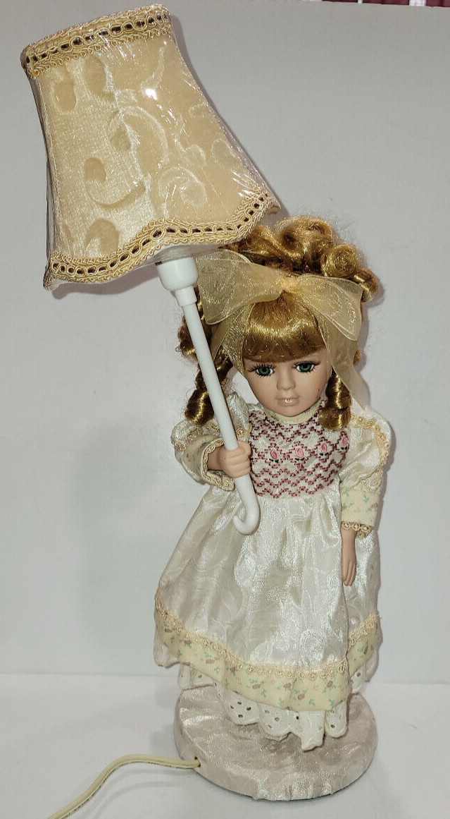 Porcelain Doll Night Light Bed Lamp Blonde Girl w/ Curls 18" Tall Inline Switch