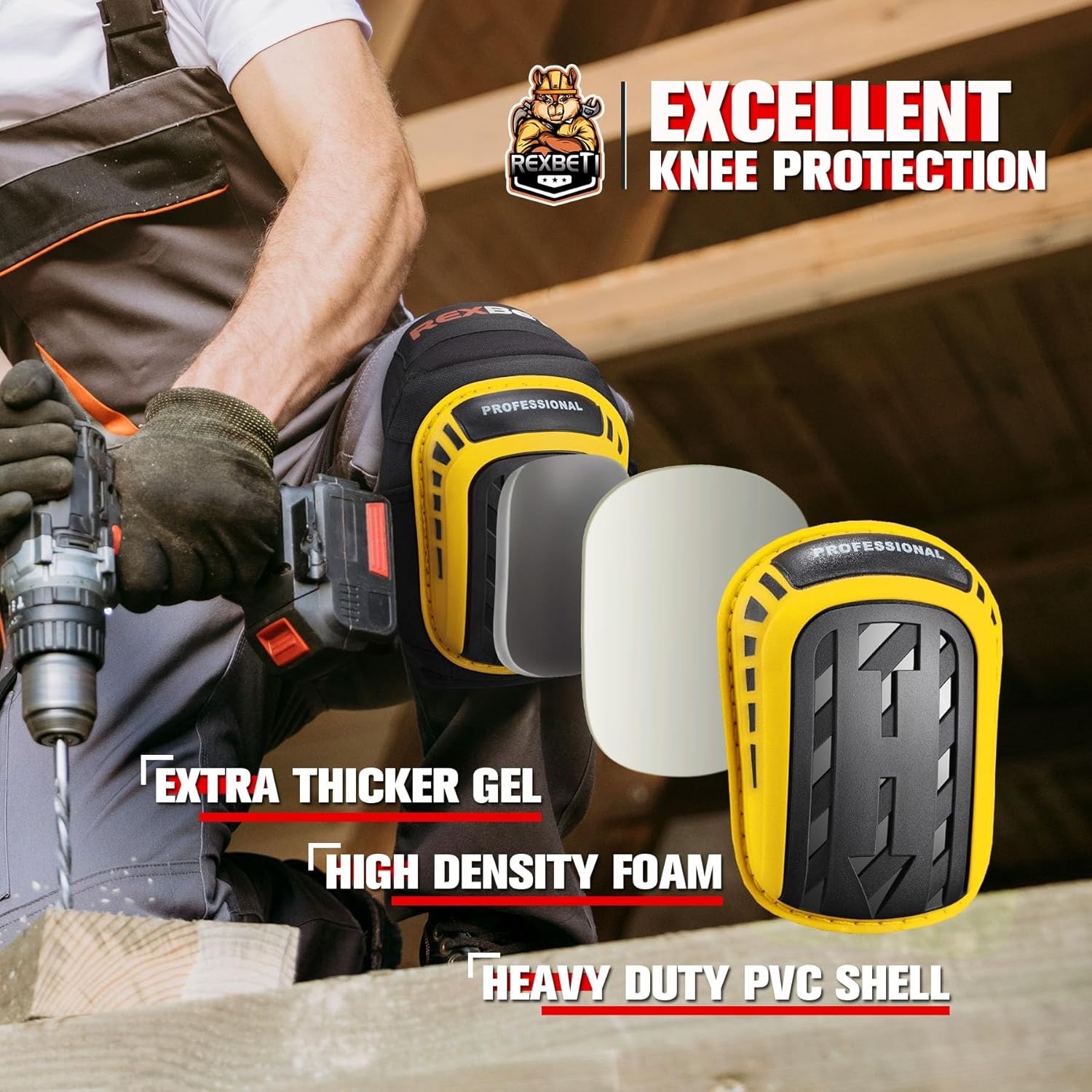 REXBETI Knee Pads for Work, Construction, Original, Yellow