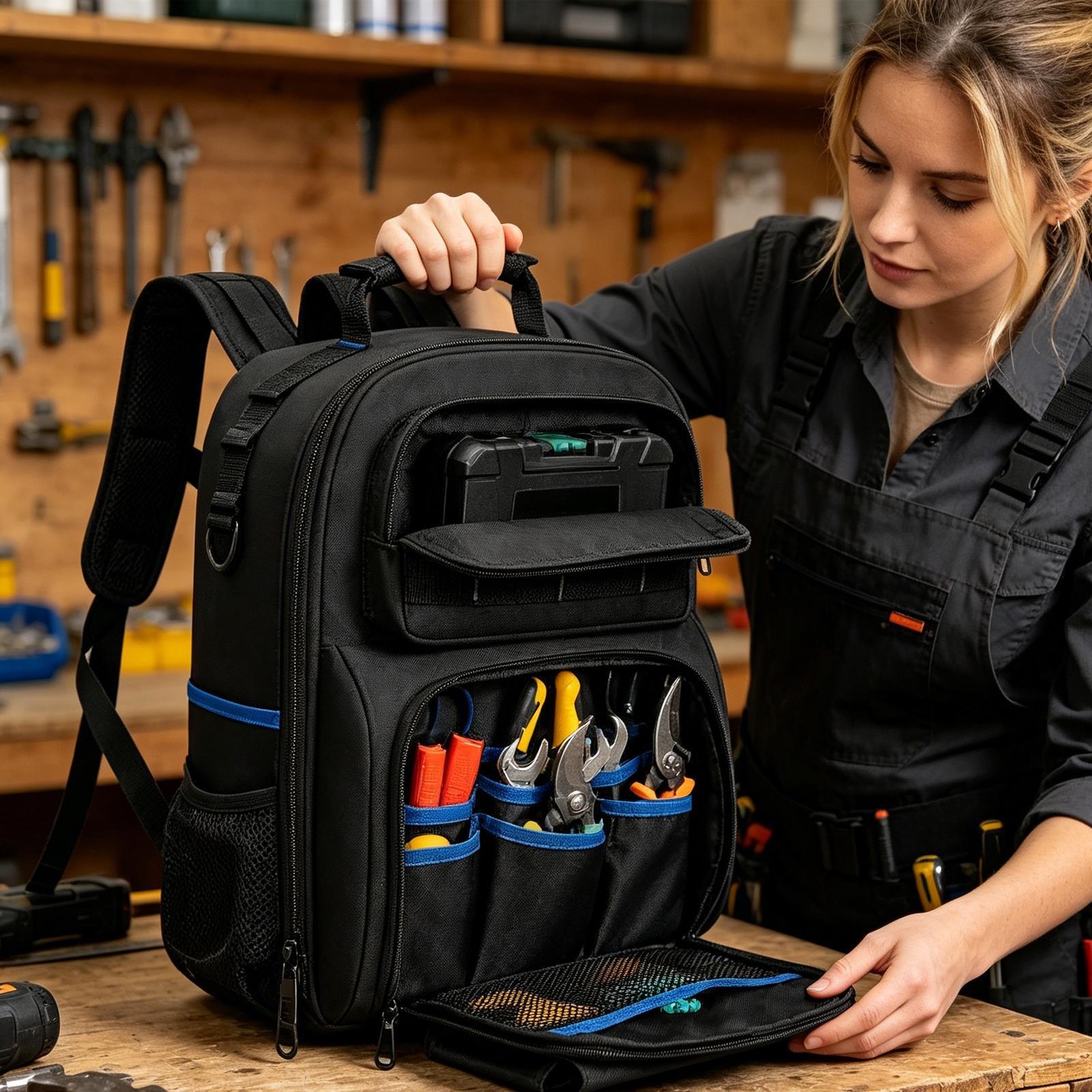 Heavy Duty Tool Backpack for Men – Multi-Pocket Work Bag for Electricians & Tech