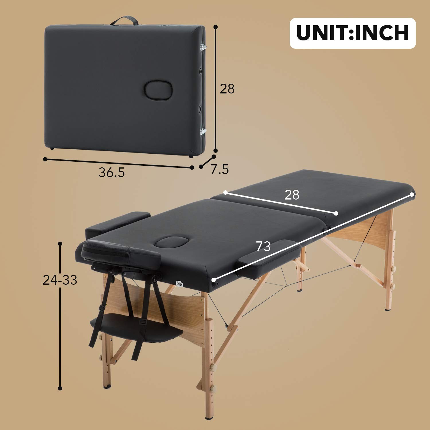 Portable Massage Table Spa Bed Height Adjustable 2 Folding 28 Inch Wide Black Ca