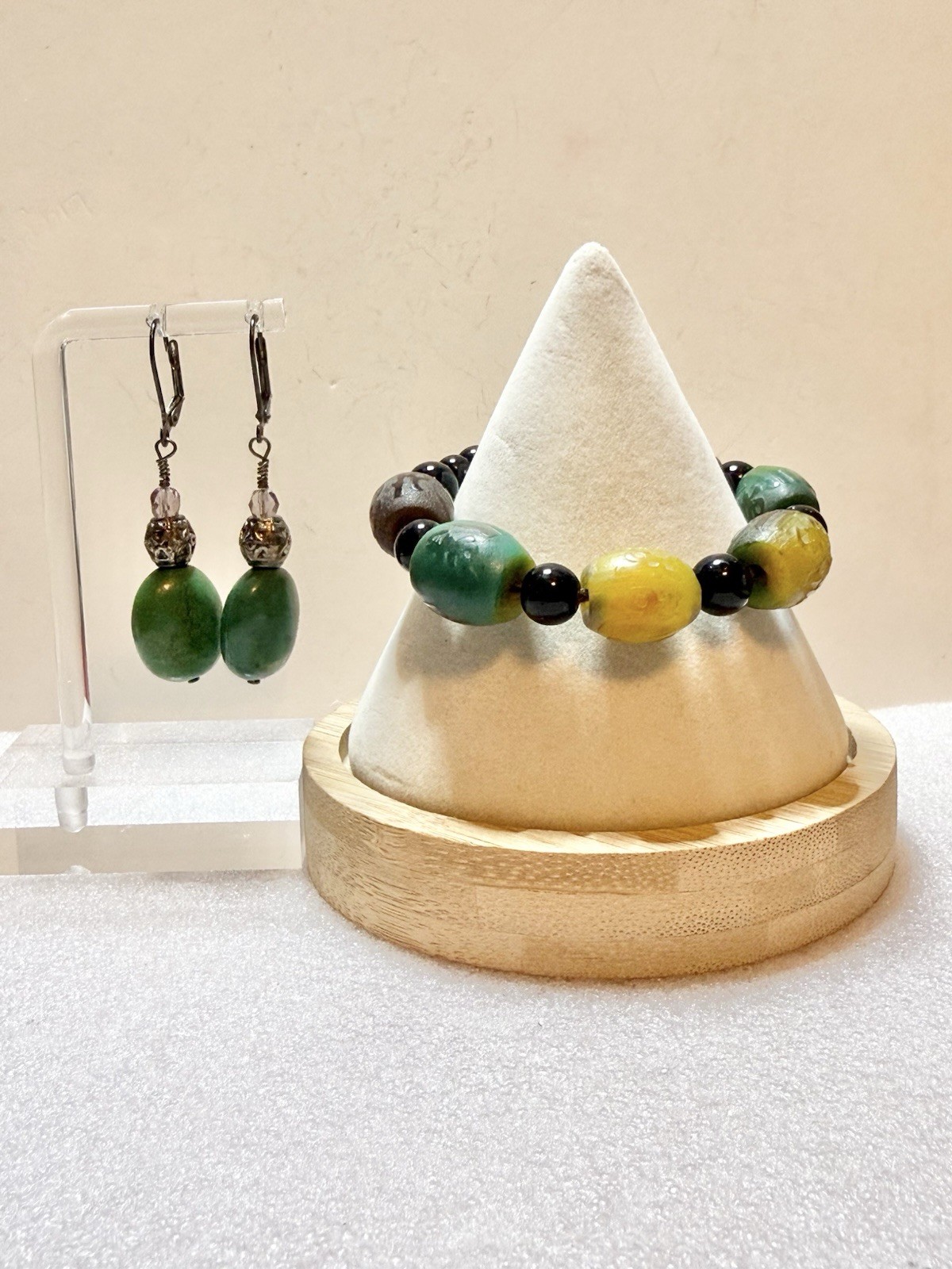 GEMSTONE Beaded Drawstring Adjustable Bracelet & Mated 2” Dangle Earrings