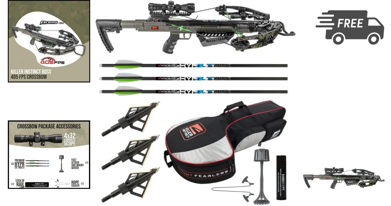 Crossbow Package with Backpack Case and Broadheads 405 FPS Lightweight Hunting