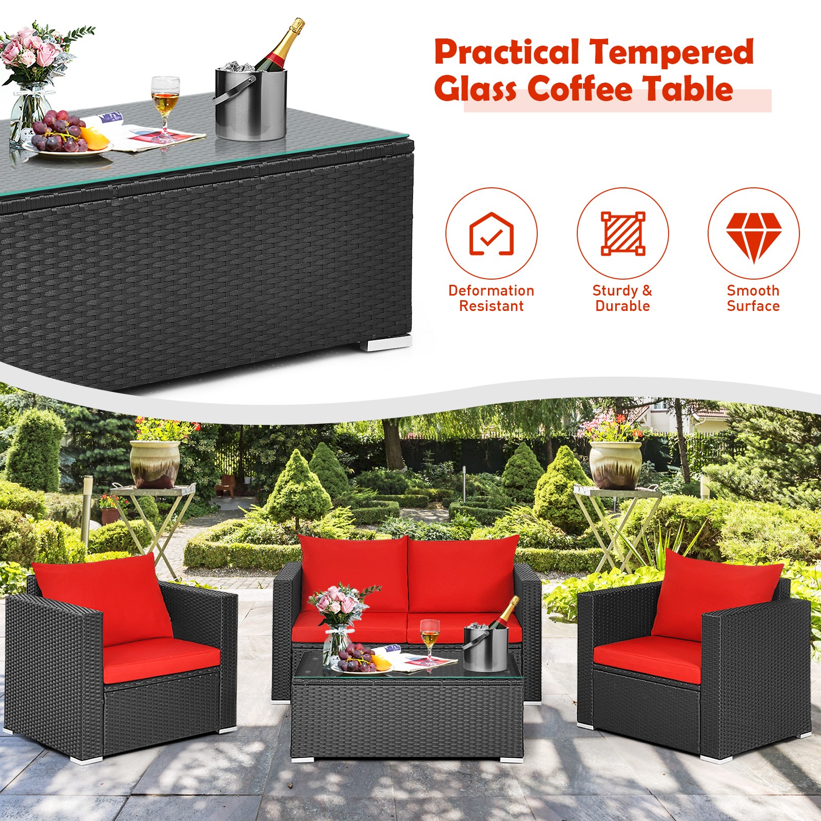 8PCS Patio Rattan Furniture Set Cushioned Sofa Chair Coffee Table Garden Red