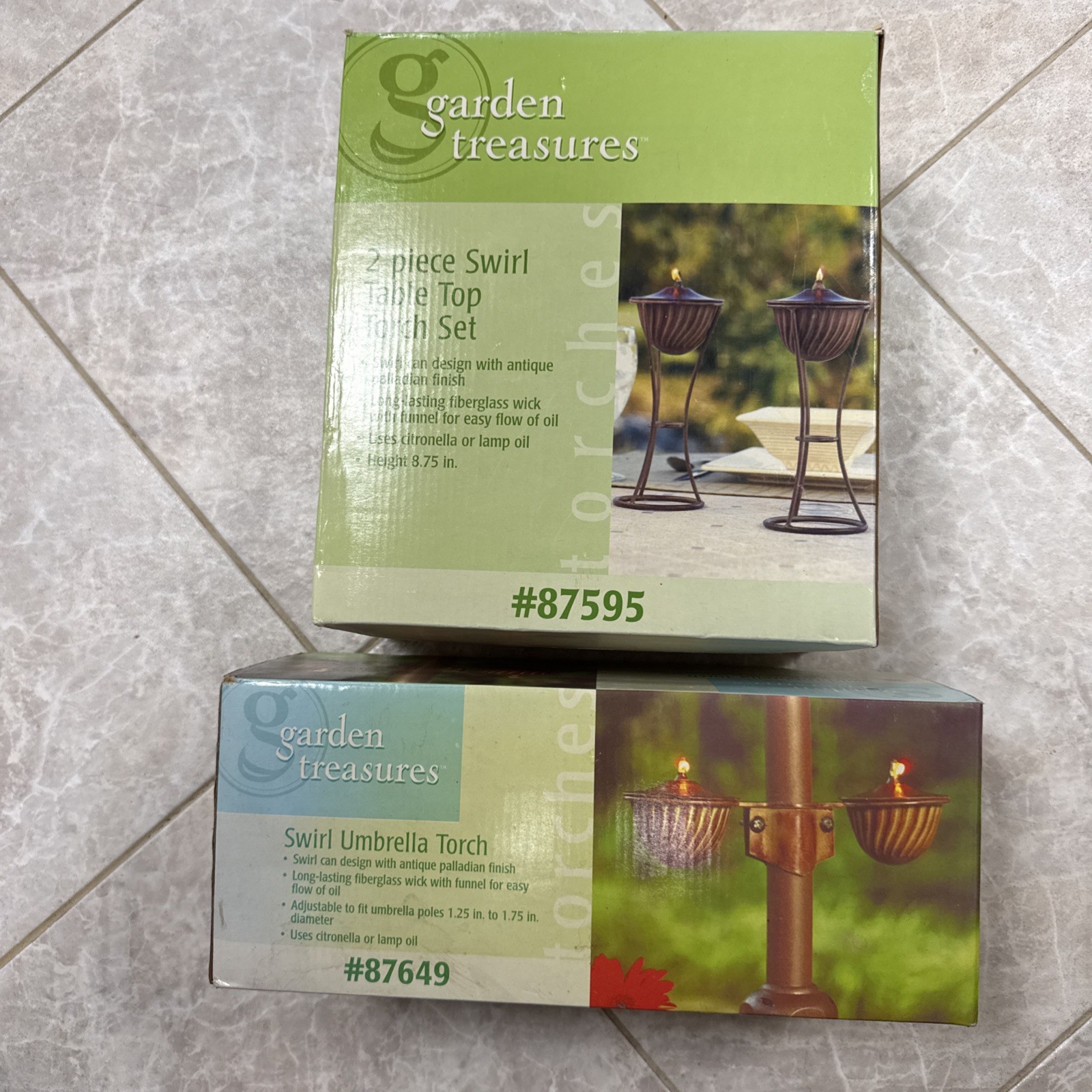 Lot Of 2 Garden Treasure Table Top Torch Set 87595 & Swirl Umbrella Torch 87649