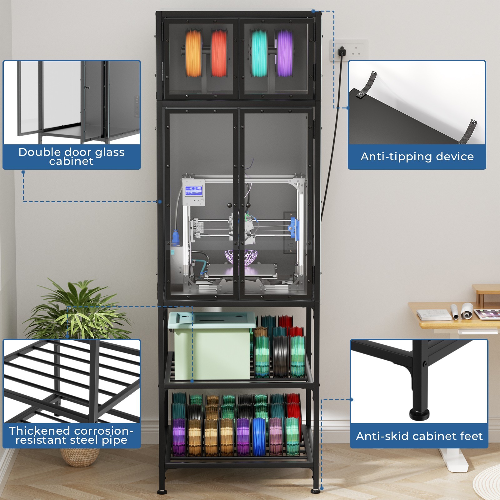 3D Printer Cabinet, Dual-Layer Filament Rack, T-Bar, Noise-Reducing