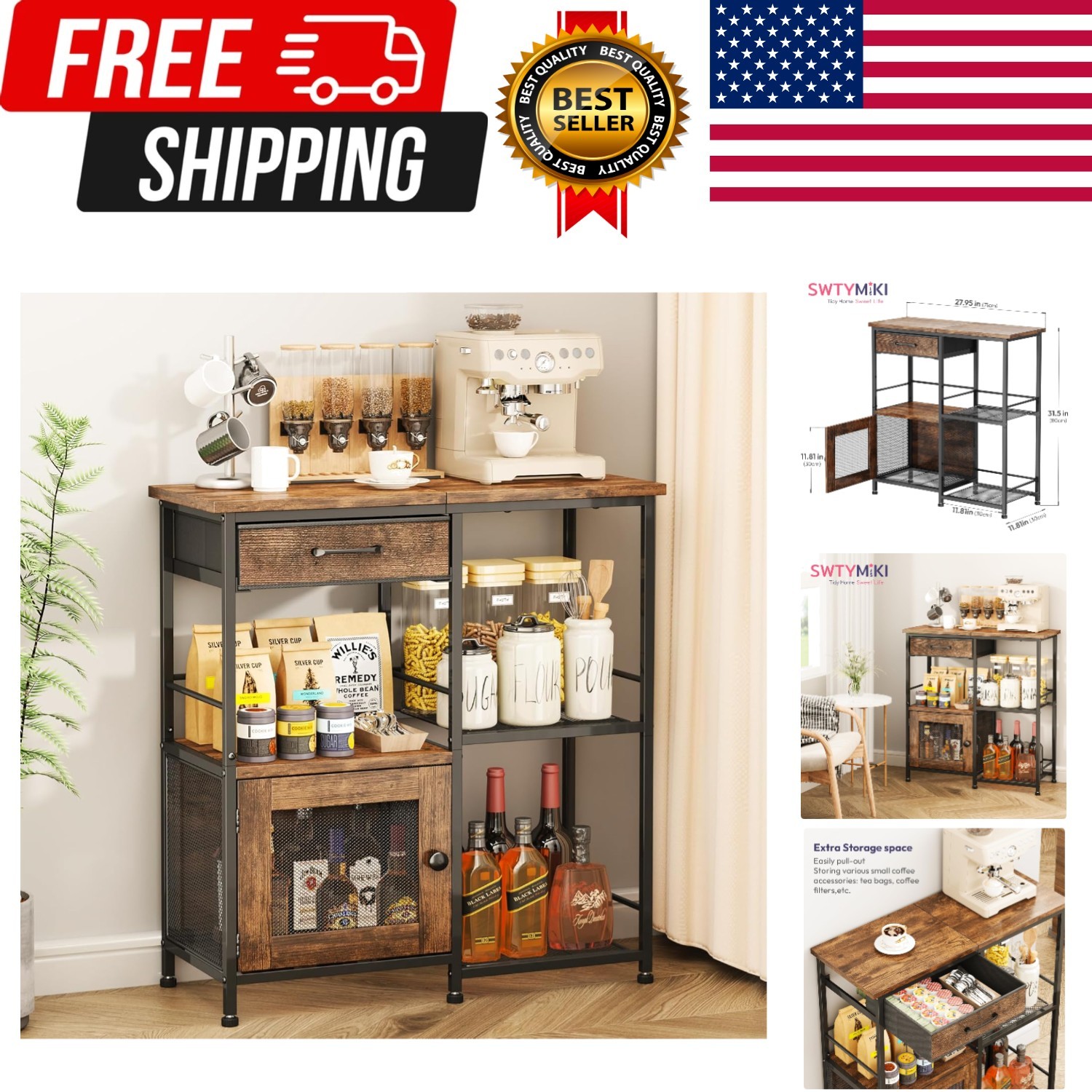 Coffee Bar Cabinet for Home - Farmhouse Coffee Stand Station Multi-Purpose Bu...