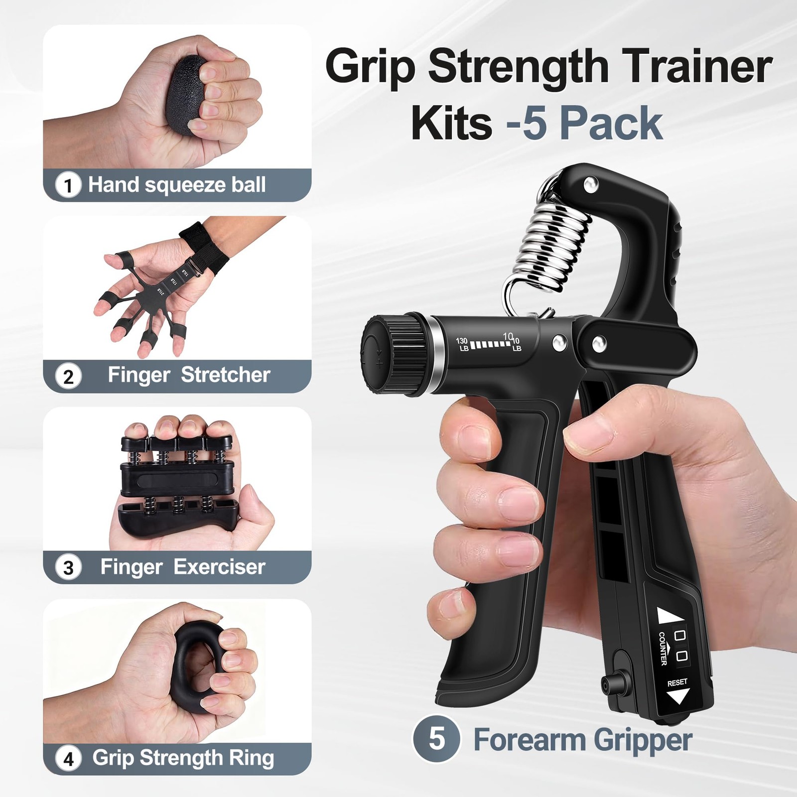 Grip Strength Trainer Kits 5 Pack, Forearm Strengthener with Adjustable Resis...