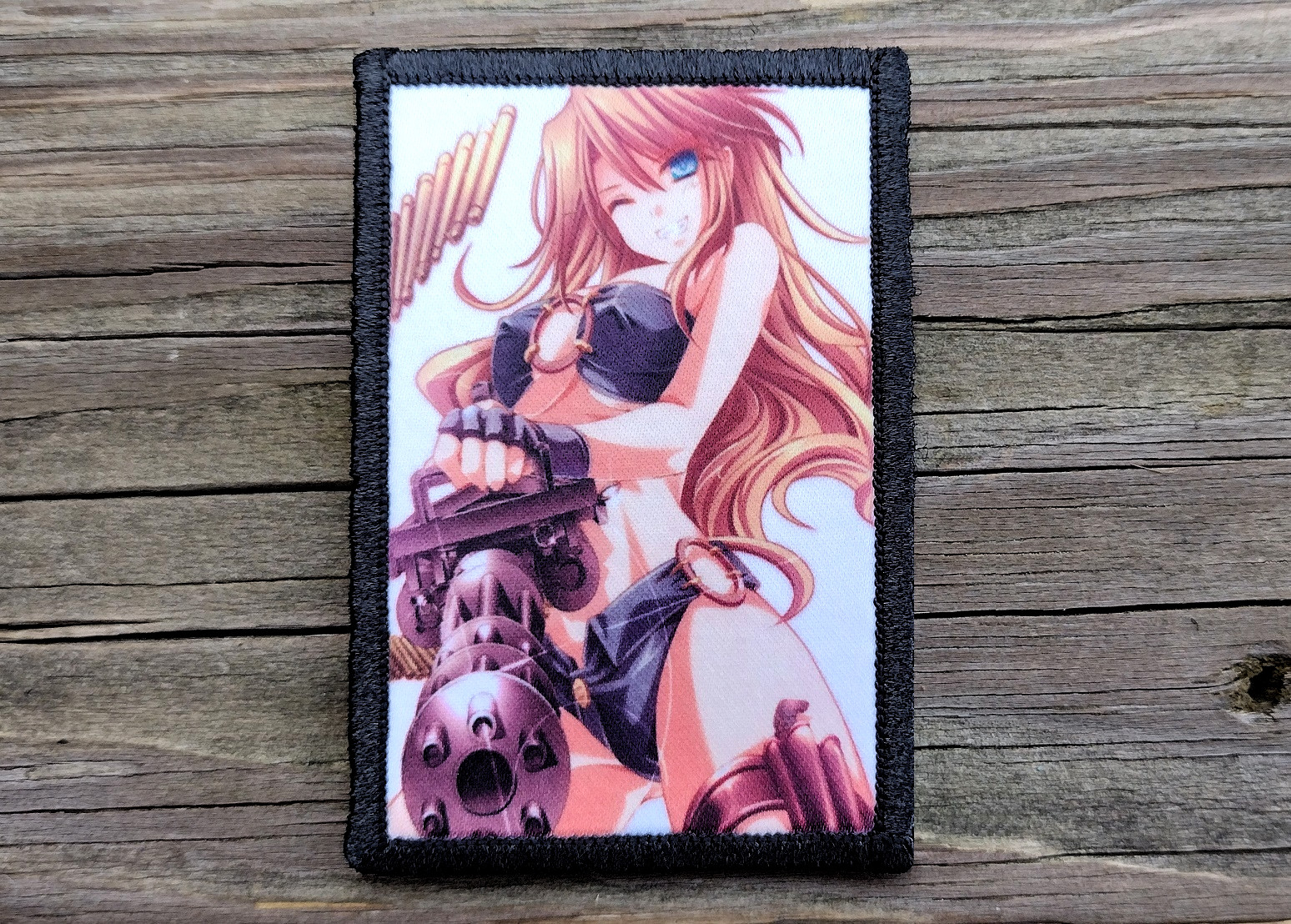 Anime Girl Minigun Morale Patch Hook and Loop Sexy Army Pinup Tactical 2A Gear