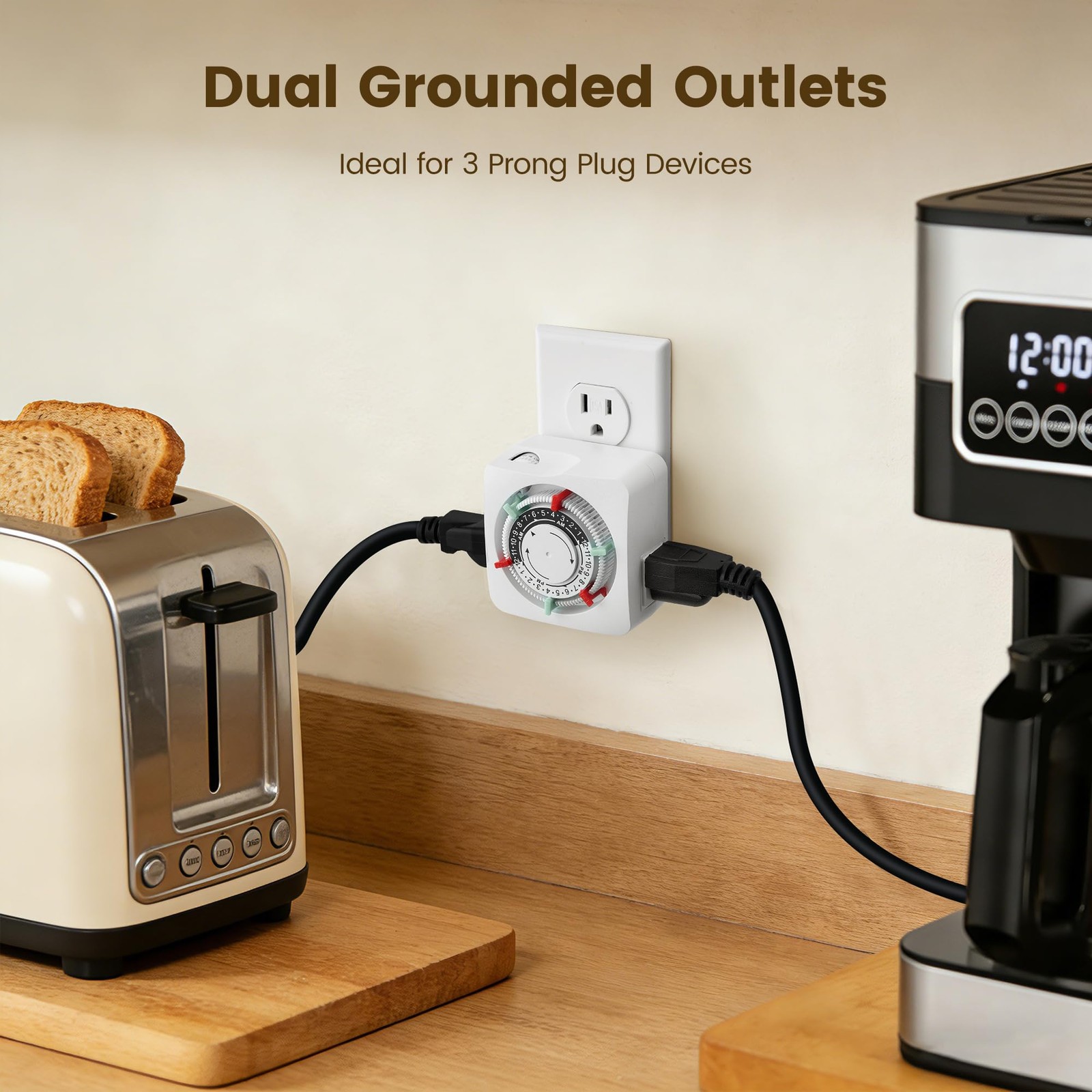 Mechanical Timer with 2 Grounded Outlets, Indoor Electrical Plug in Timer with T