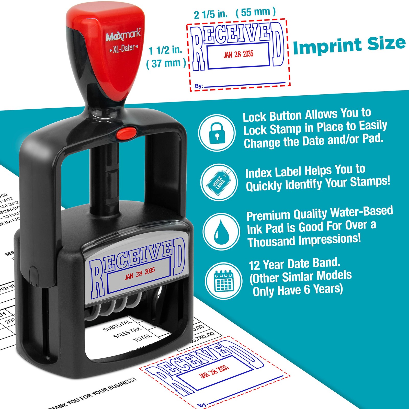 MaxMark Heavy Duty Style 3 Date Stamp Paid Self Inking Red Ink Office
