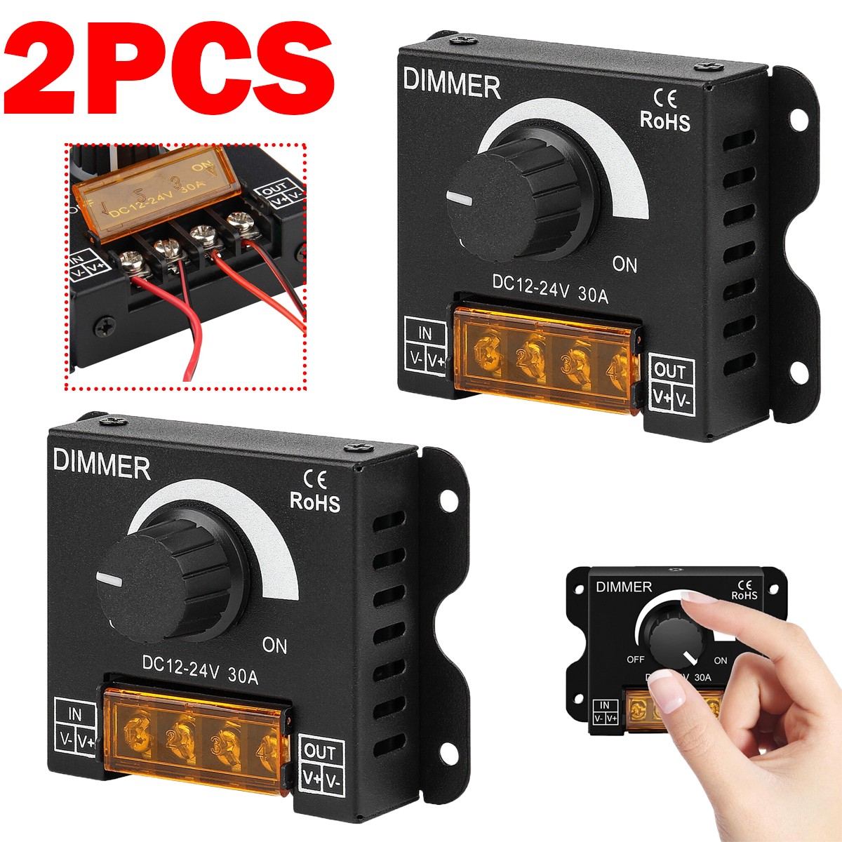 2Pack LED Dimmer Switch DC 12-24V 30A PWM Stepless Brightness Dimming Controller