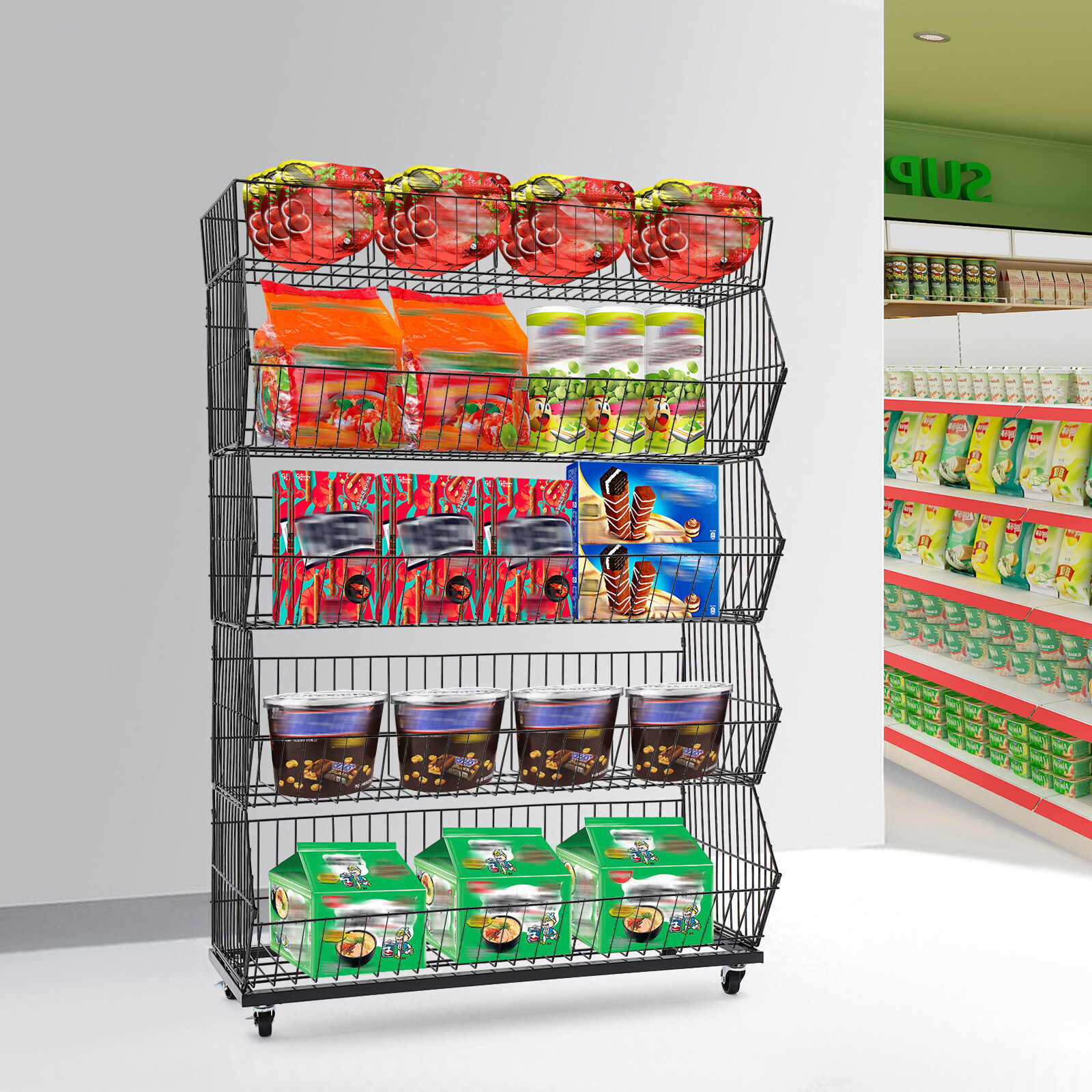5-Tier Wire Grid Retail Display Rack Fruit Vegetable Basket Black 90×43×136cm
