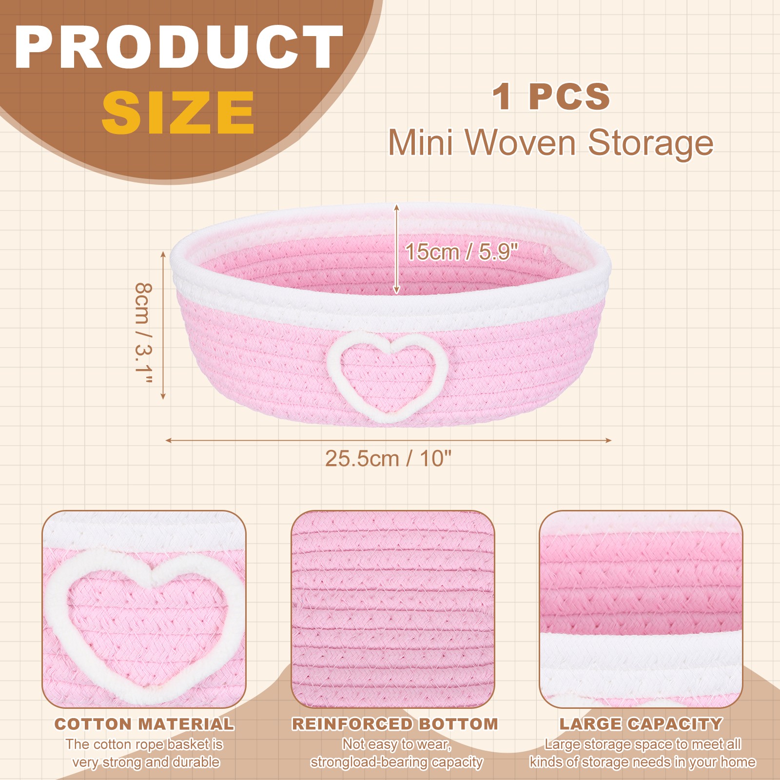 Rectangular Rope Basket 10x5.9x3.1Inch Small Woven Baskets Pink/White,