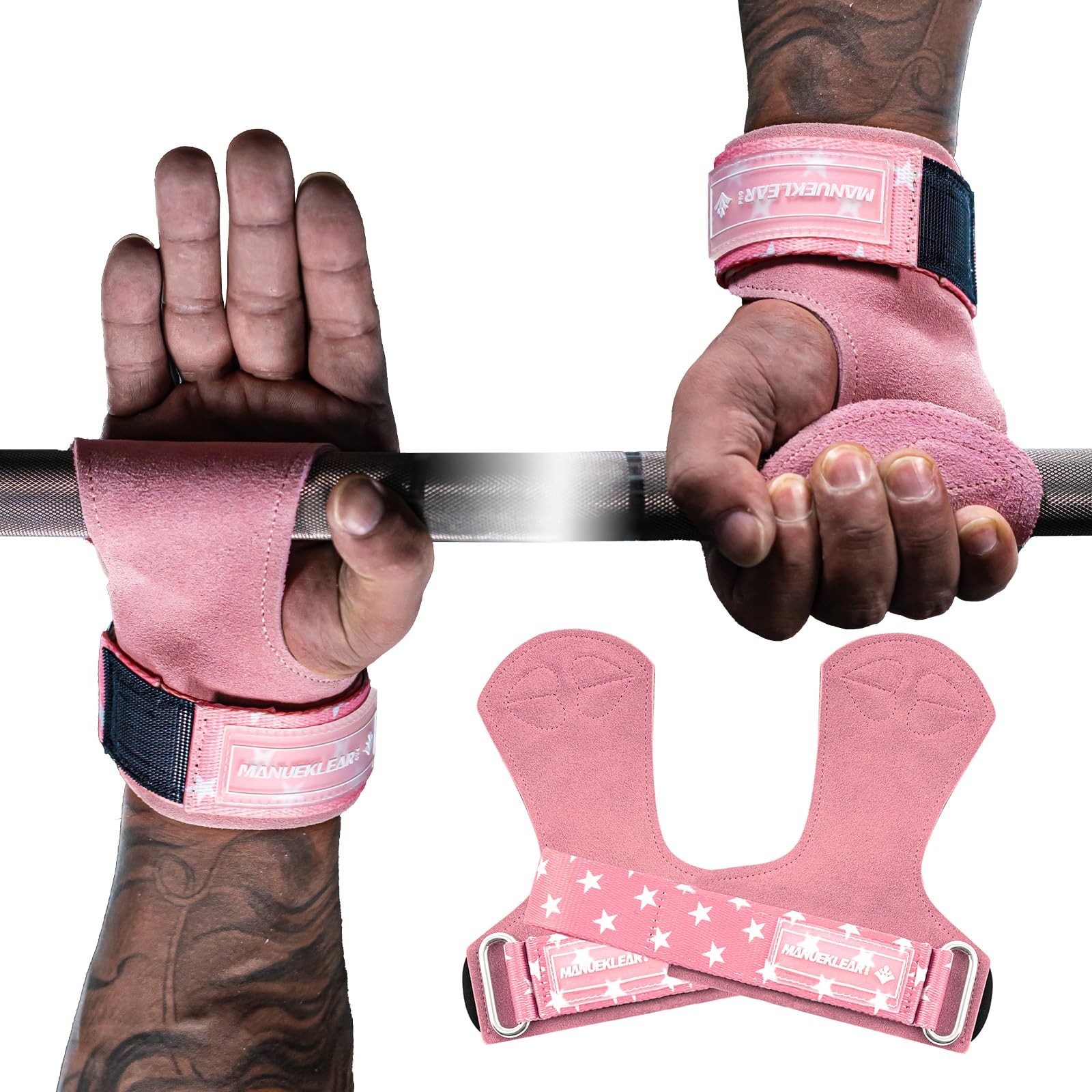 MANUEKLEAR Gym Straps, Double Leather Lifting One Size, Size - Pink