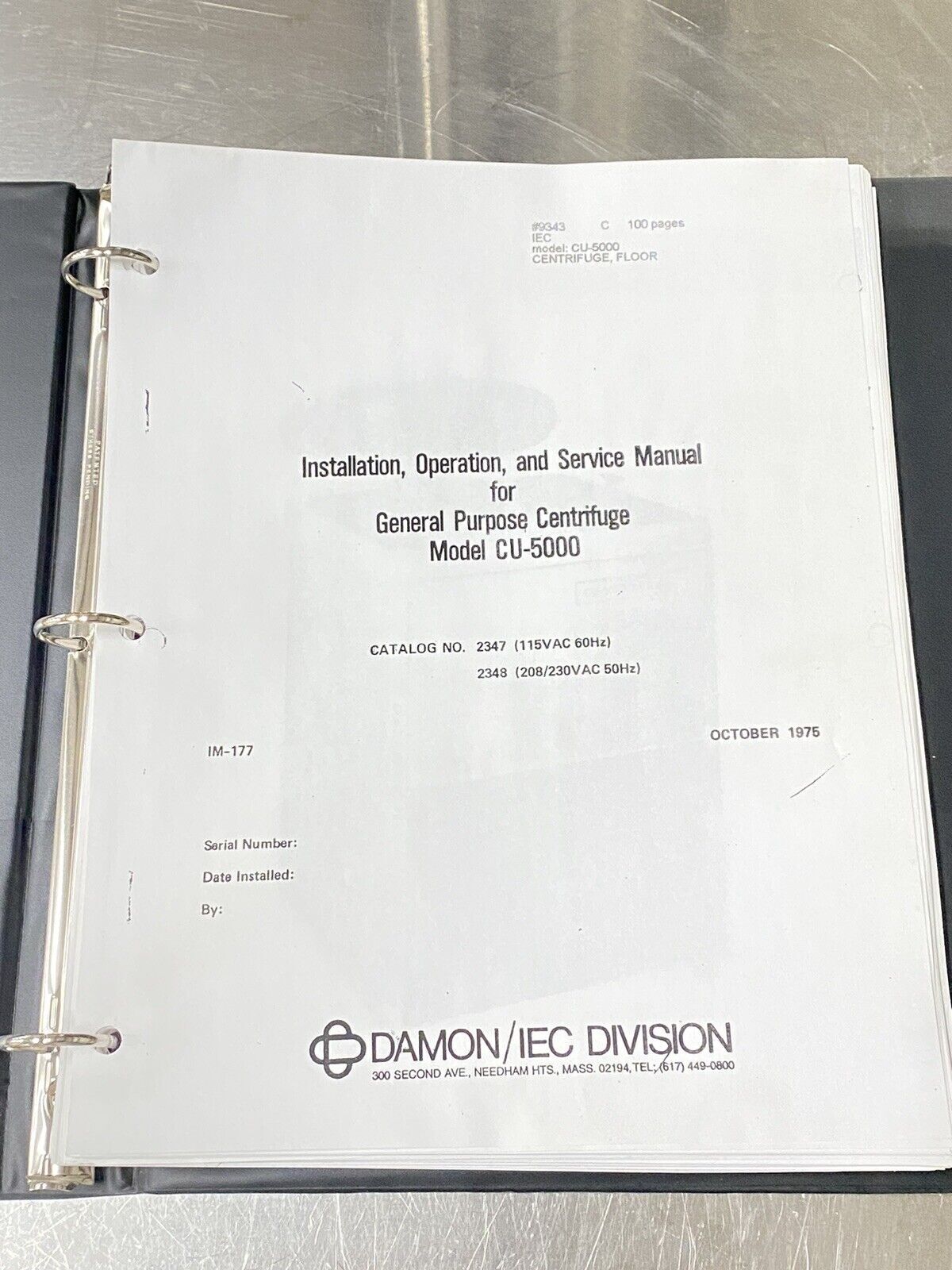 IEC Parr CU-5000 Floor Centrifuge - Users Guide / Instruction Book