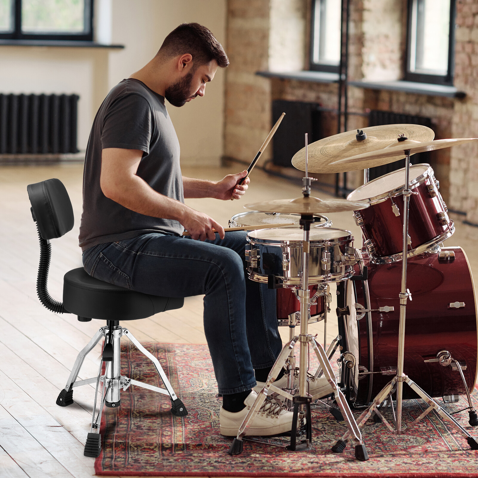 Adjustable Black Drum Stool Hydraulic Function By Shoulder Strap Drummers Top