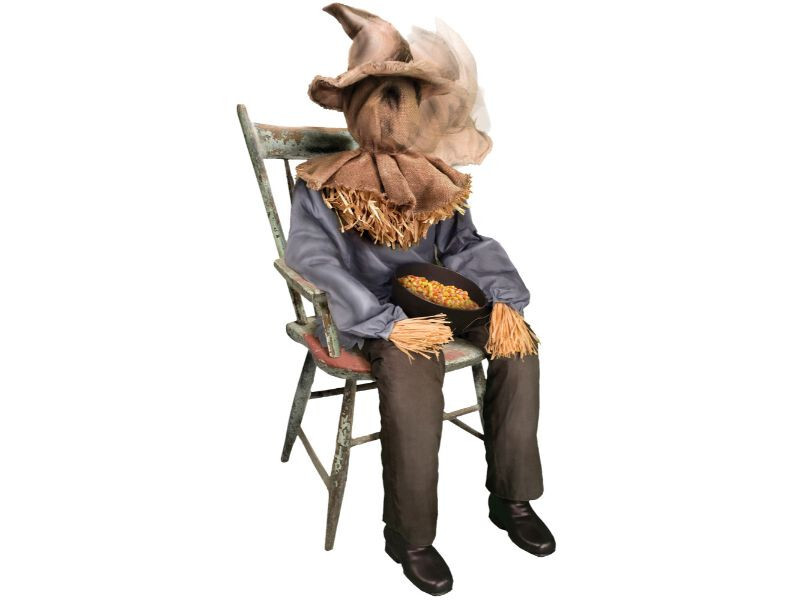 Sitting Scarecrow Halloween Animated Animatronic Candy Bowl Sound Motion Straw