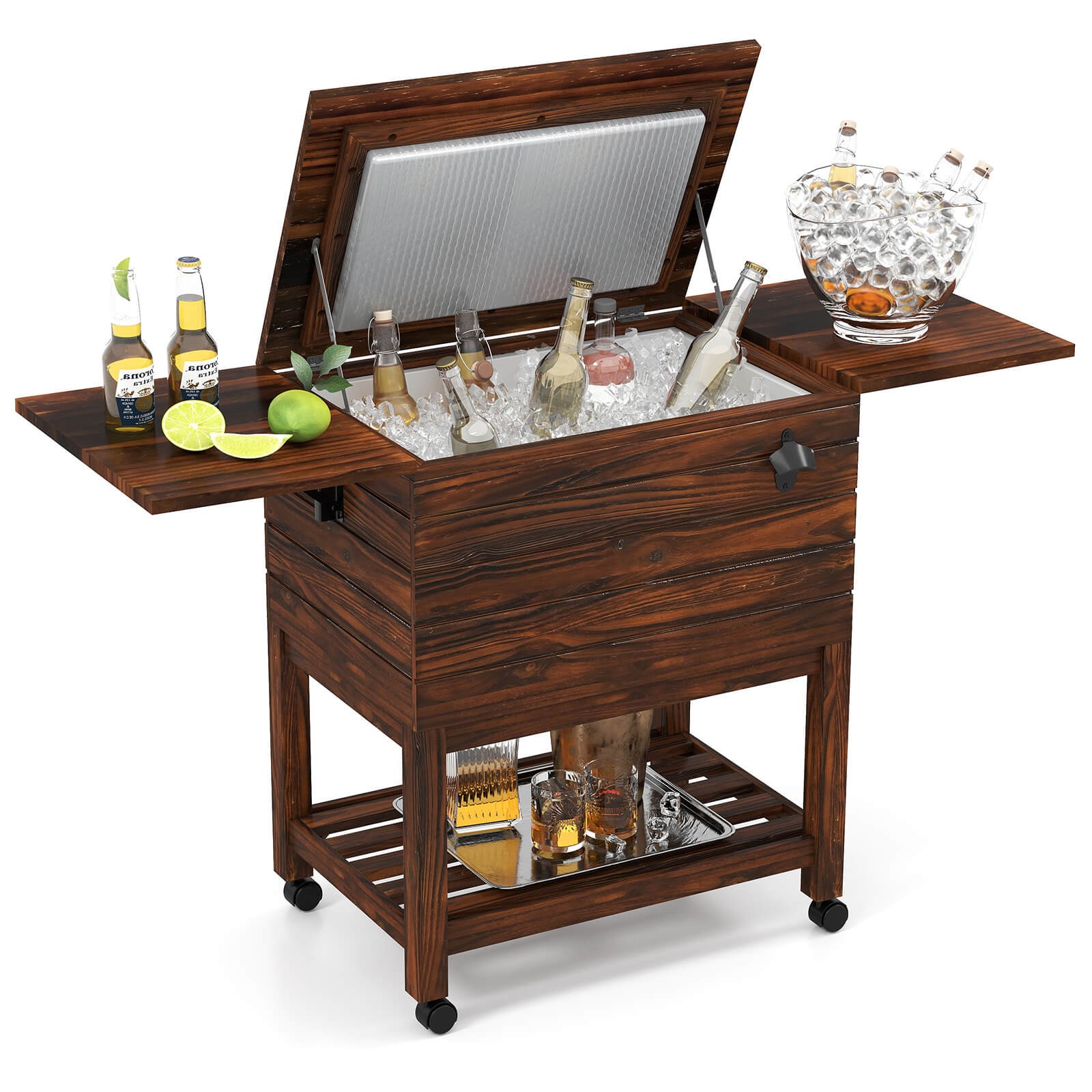 54 Quart Rolling Wooden Patio Cooler Cart with 2 Drop Leaf Tables Bottle Opener