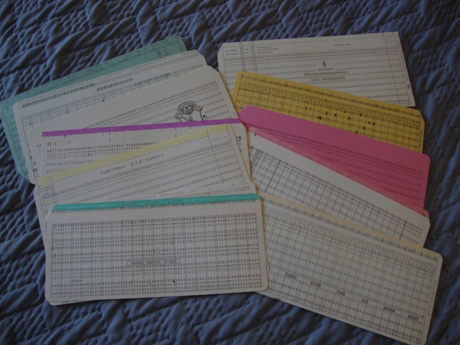 IBM computer punch cards, some blank, some punched, various colors, 12 per lot