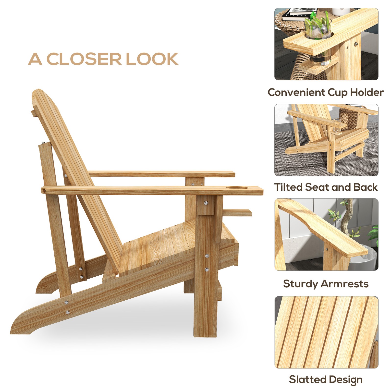 Wood Adirondack Chair, Wooden Outdoor & Patio Seating for Fire Pit, Natural