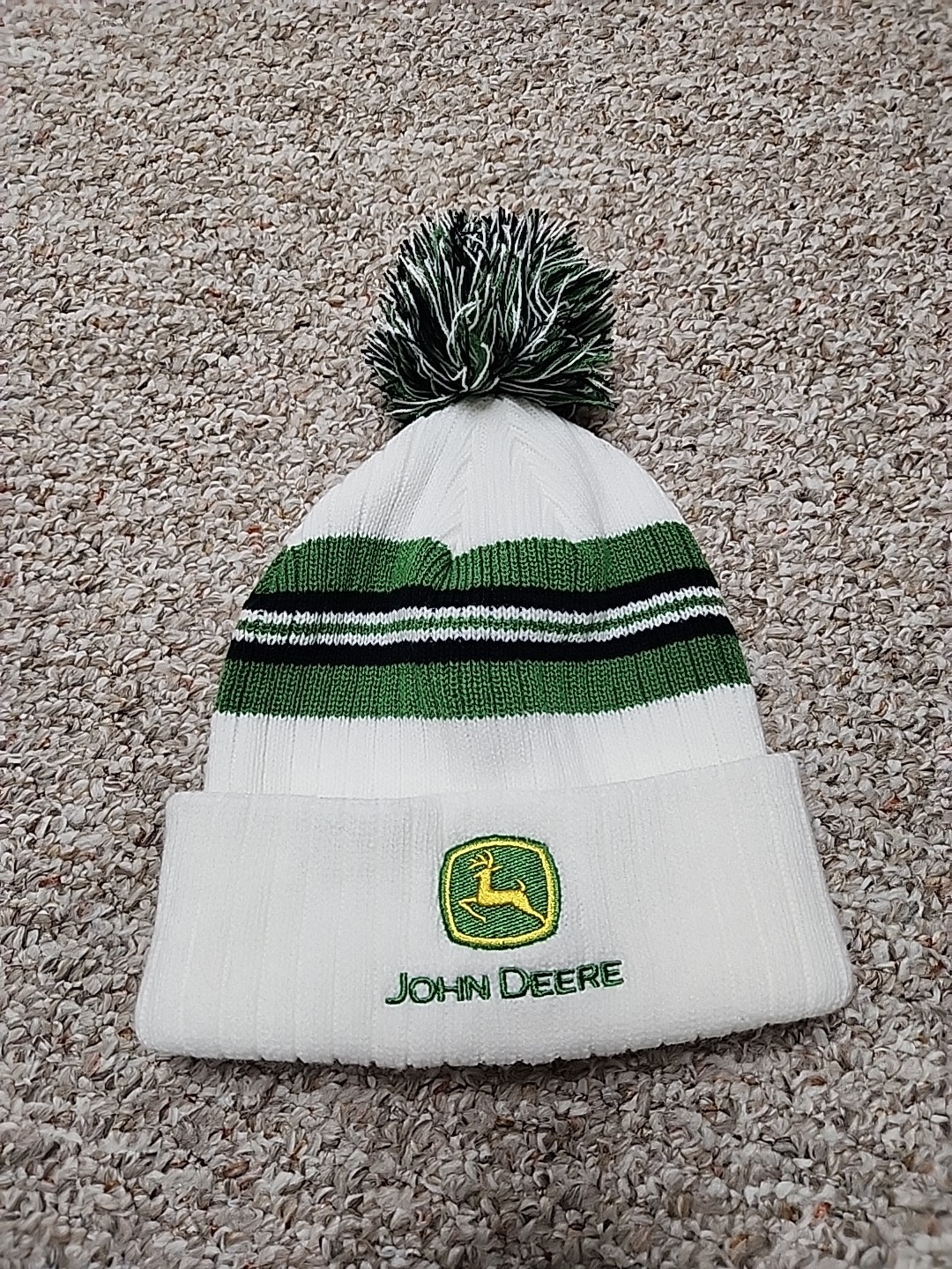 John Deere Cream Green Pom Stripped Beanie One Size