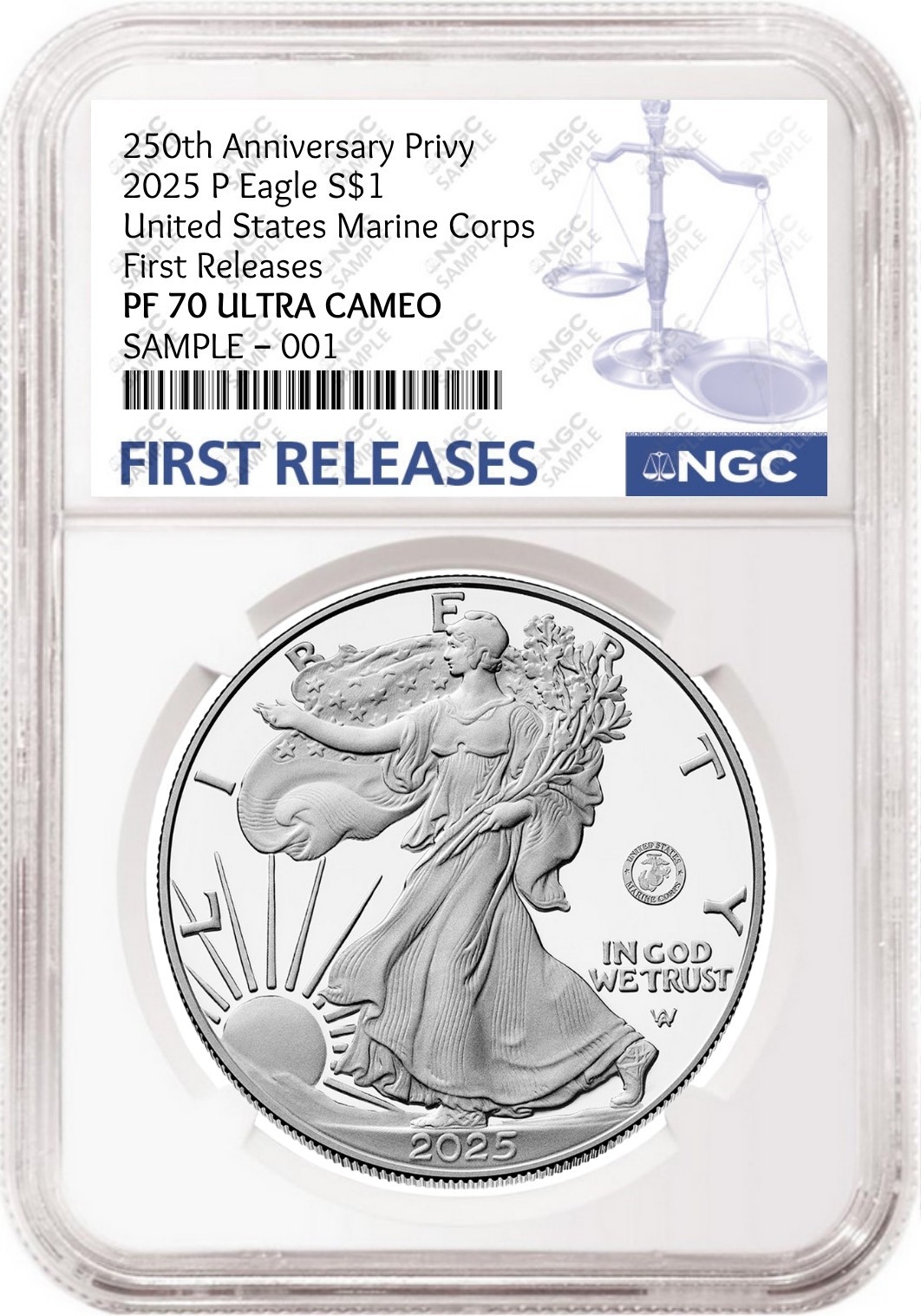 2025 P Silver Eagle with Marine Privy NGC PF70 First Releases FR Label