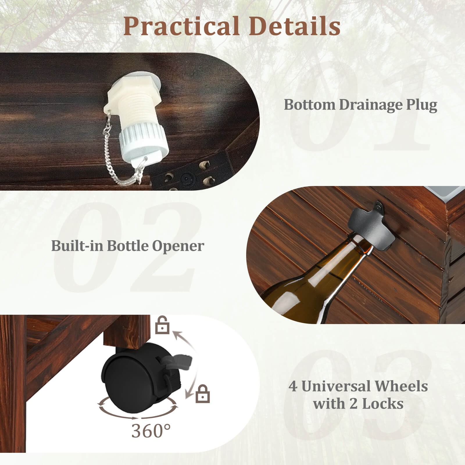 54 Quart Rolling Wooden Patio Cooler Cart with 2 Drop Leaf Tables Bottle Opener