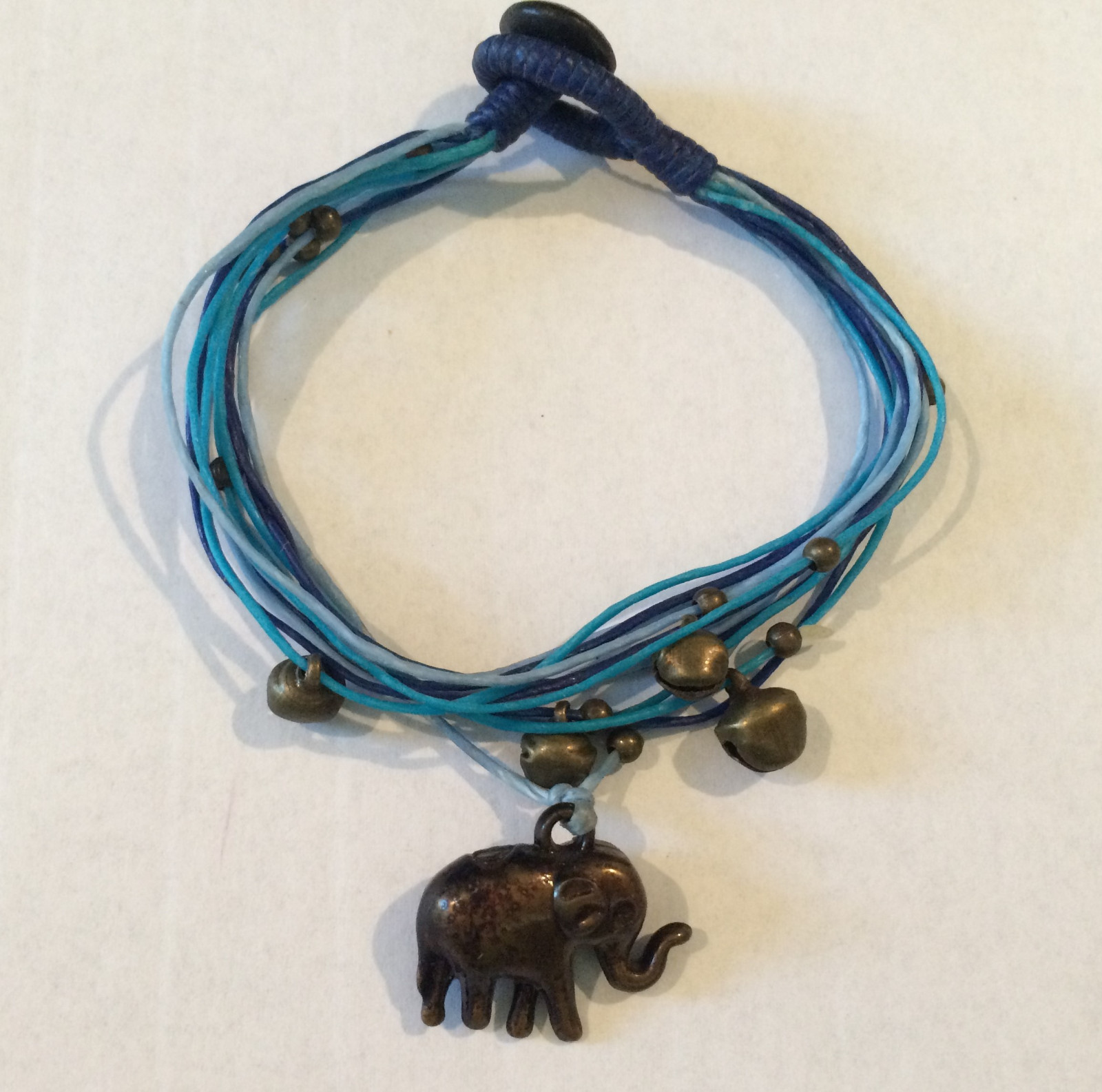 Handmade Bronze Elephant with Blue Multi strand Friendship Bracelet with bells!