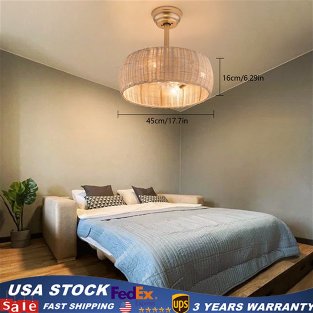 18.5" Rattan Caged Ceiling Fan Light Bamboo Fan Chandeliar for Bedroom w/ Remote
