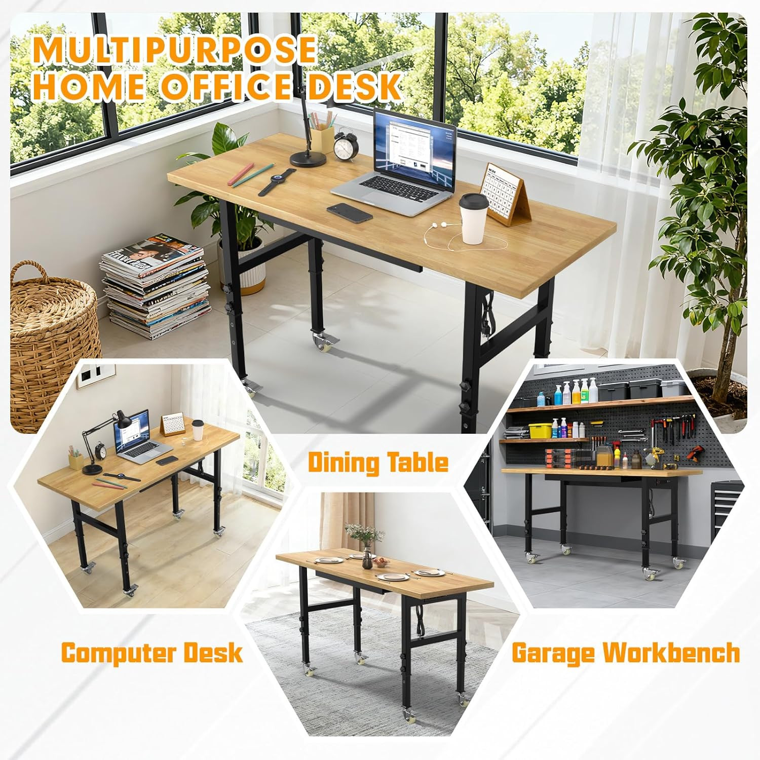 60" Adjustable Workbench,Heavy-Duty Work Table,3000 LBS Load Capacity Hardwood W