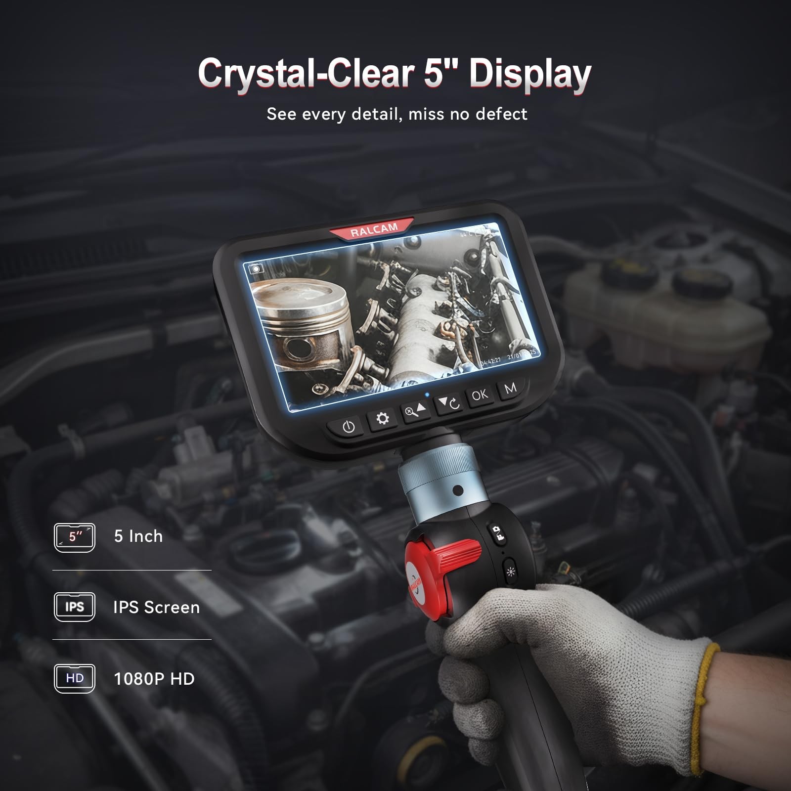 Dual Lens Articulating Borescope, 10FT Semi-Rigid Inspection Camera with 5" H...