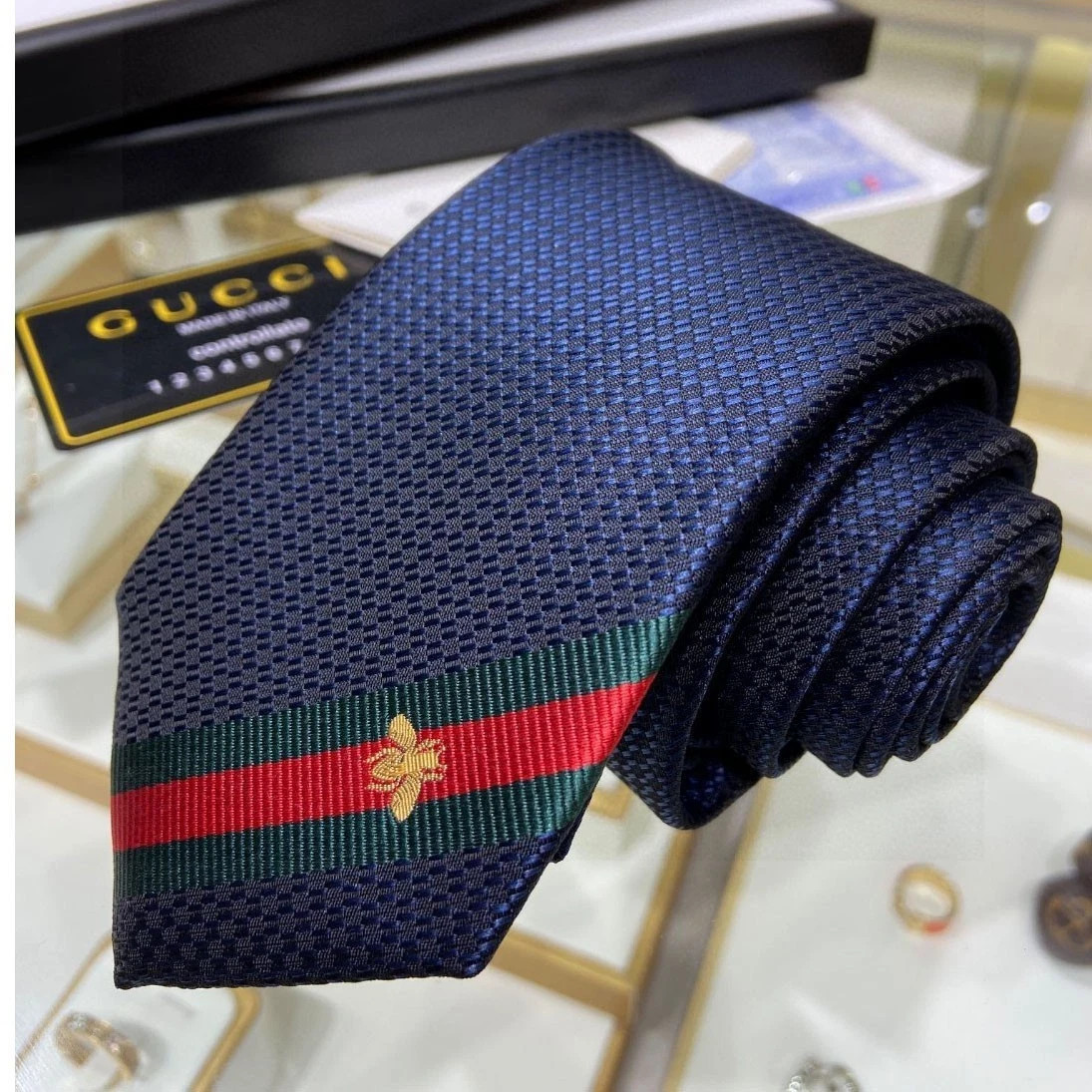 Blue Gucci Stripe Bee Pattern 100% Silk Tie
