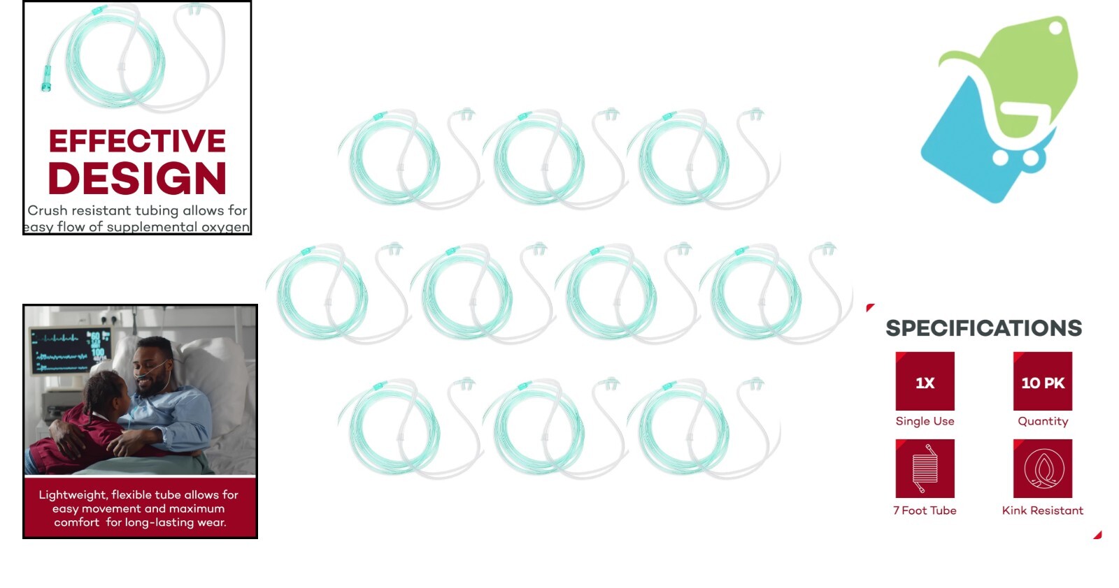 Soft Green Nasal Cannula for Oxygen - 7 ft Lightweight & Comfortable (10 Pack)