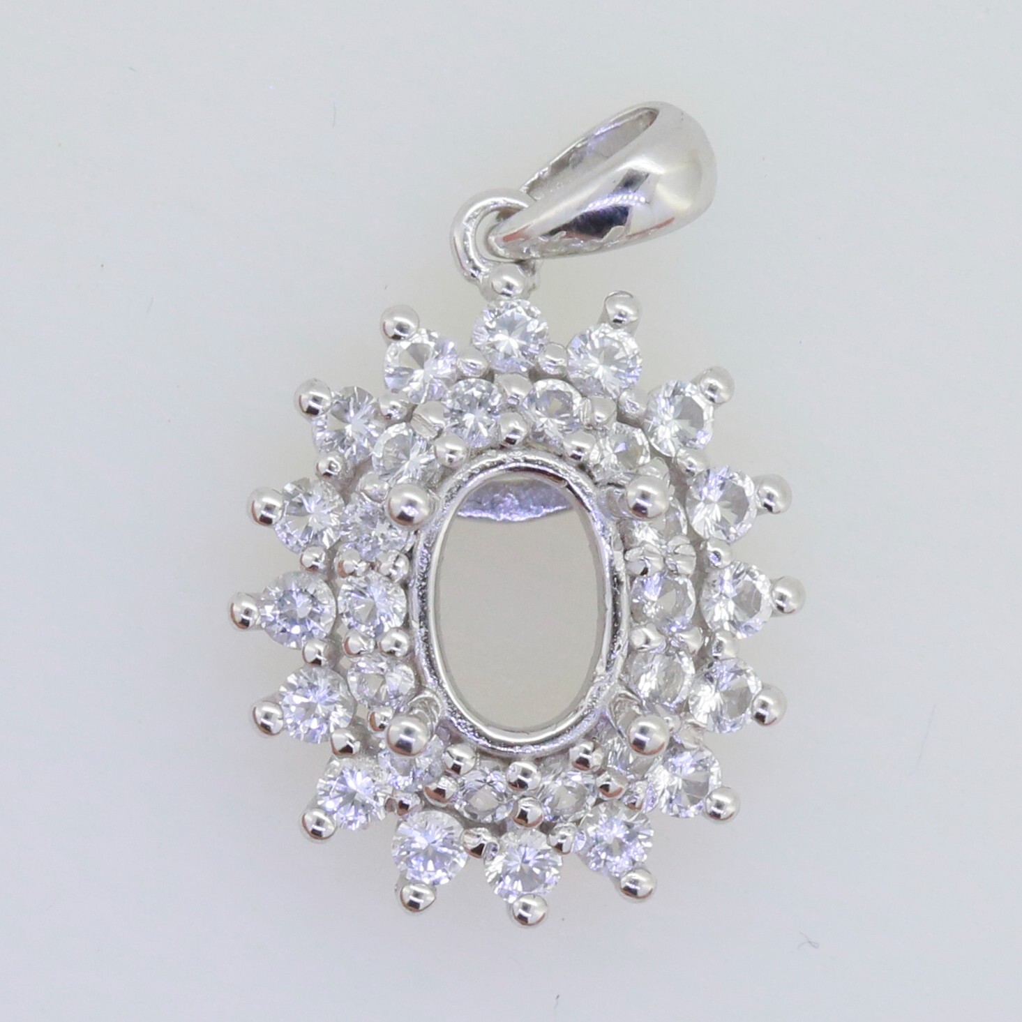 Sterling Silver Semi Mount Pendant Setting Oval OV 8X6mm White Topaz Double Halo