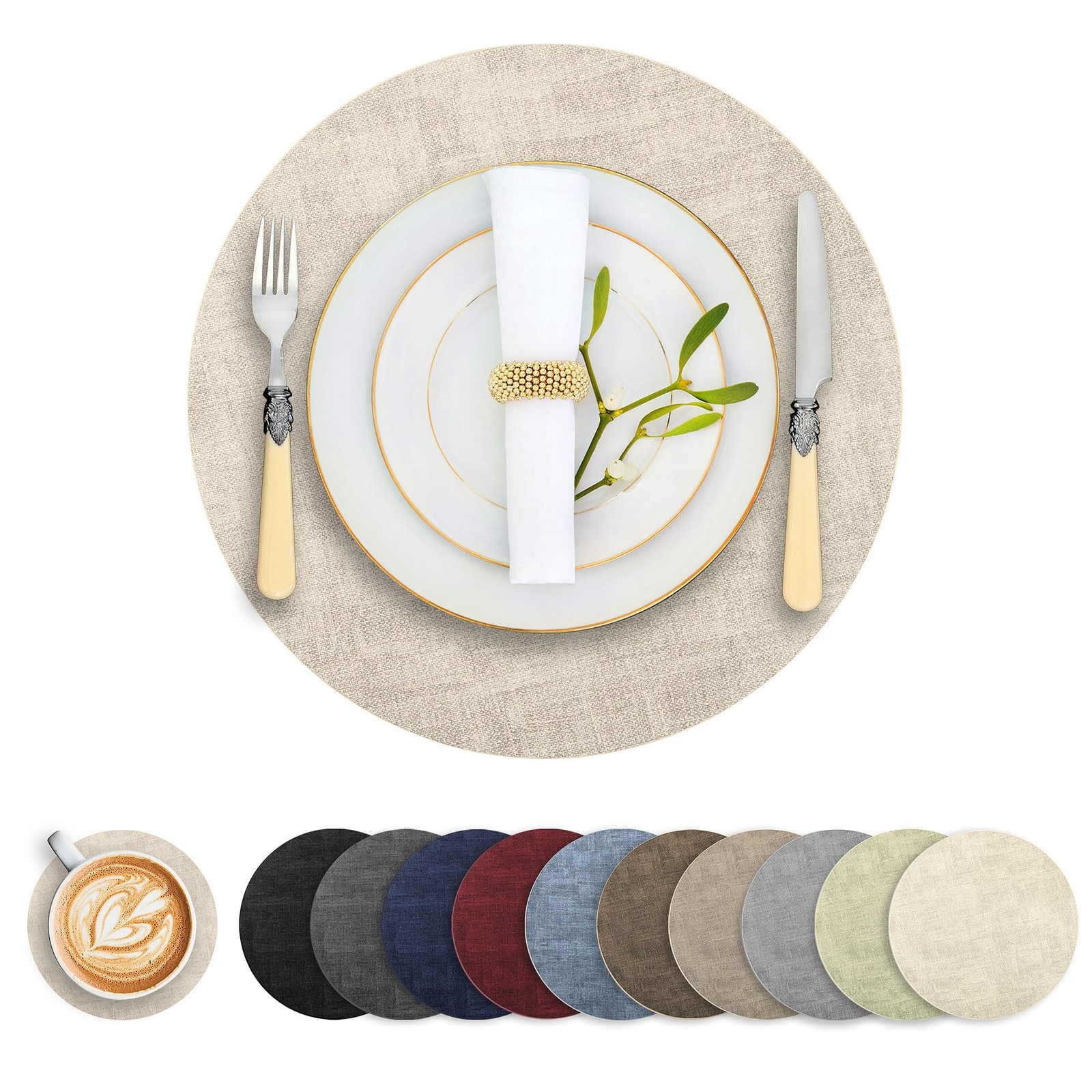 Round Faux Leather Placemats and Coasters, Set of 6, Reversible Heat Resistan...