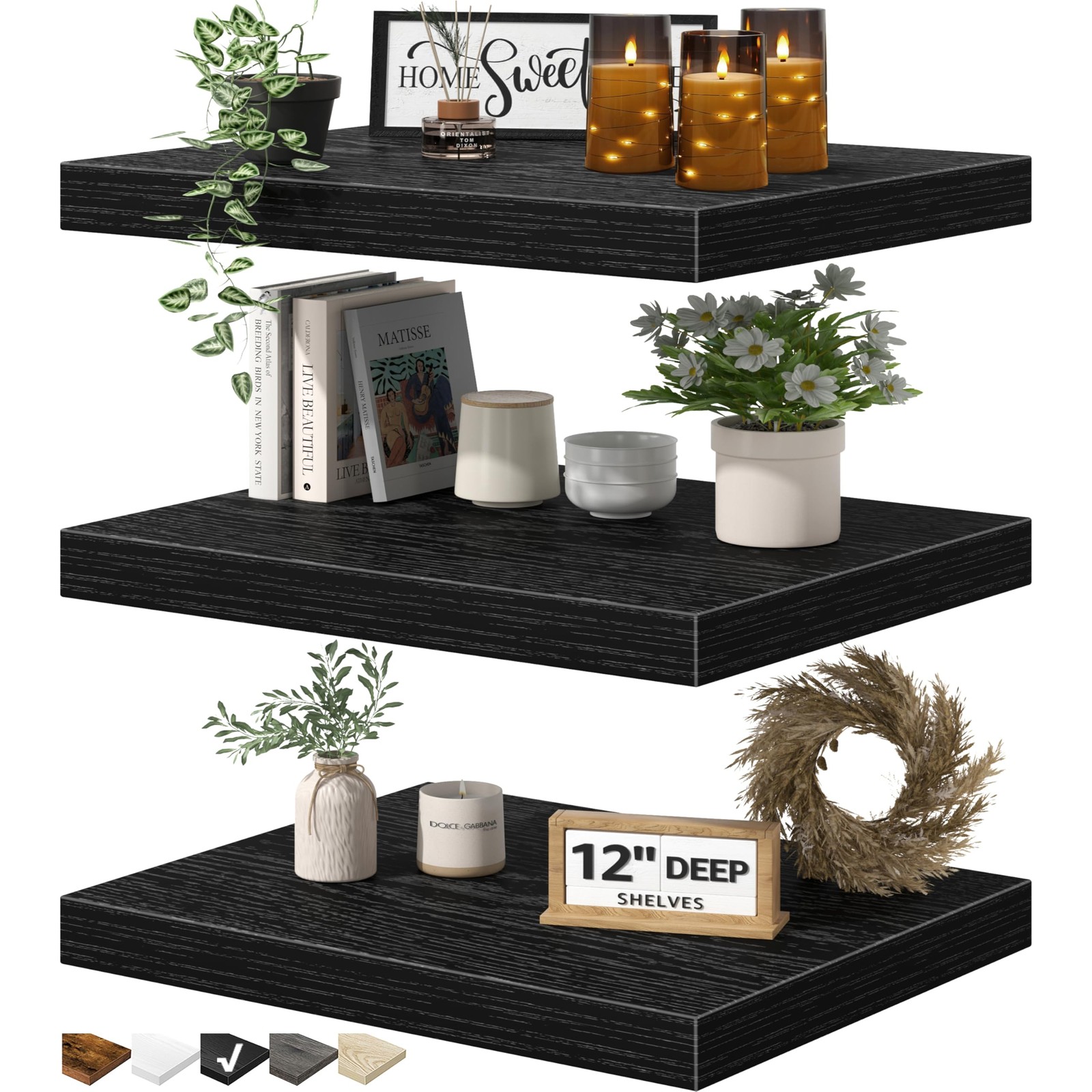12 Deep Floating Shelves for Wall - 12 x 16 inch Book Shelf Bathroom Bedroom ...