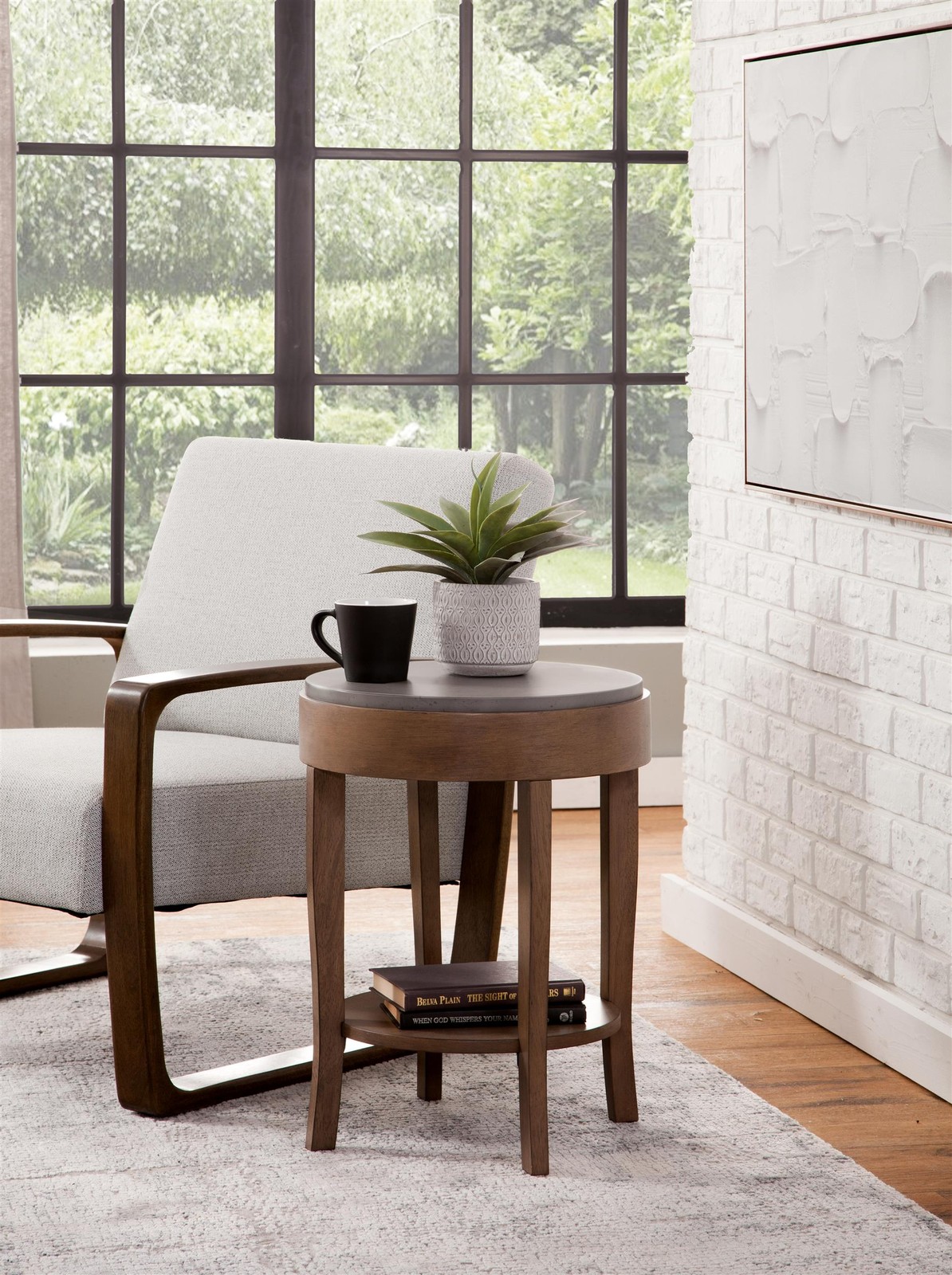 Solvar Round Wood Brown Base and Gray Top Accent End Table