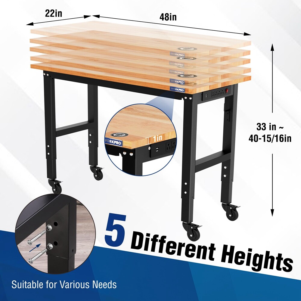 WORKPRO 48"X22" Adjustable Workbench with Wheel Rubber Wood Top Garage Workbench