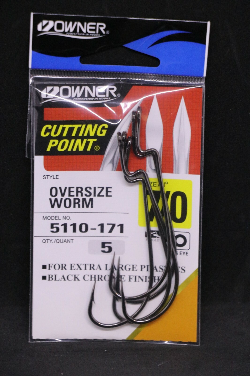 OWNER Black Chrome Oversize Worm Hooks 5110-171 Size 7/0 - 5 pack - Bass Hook