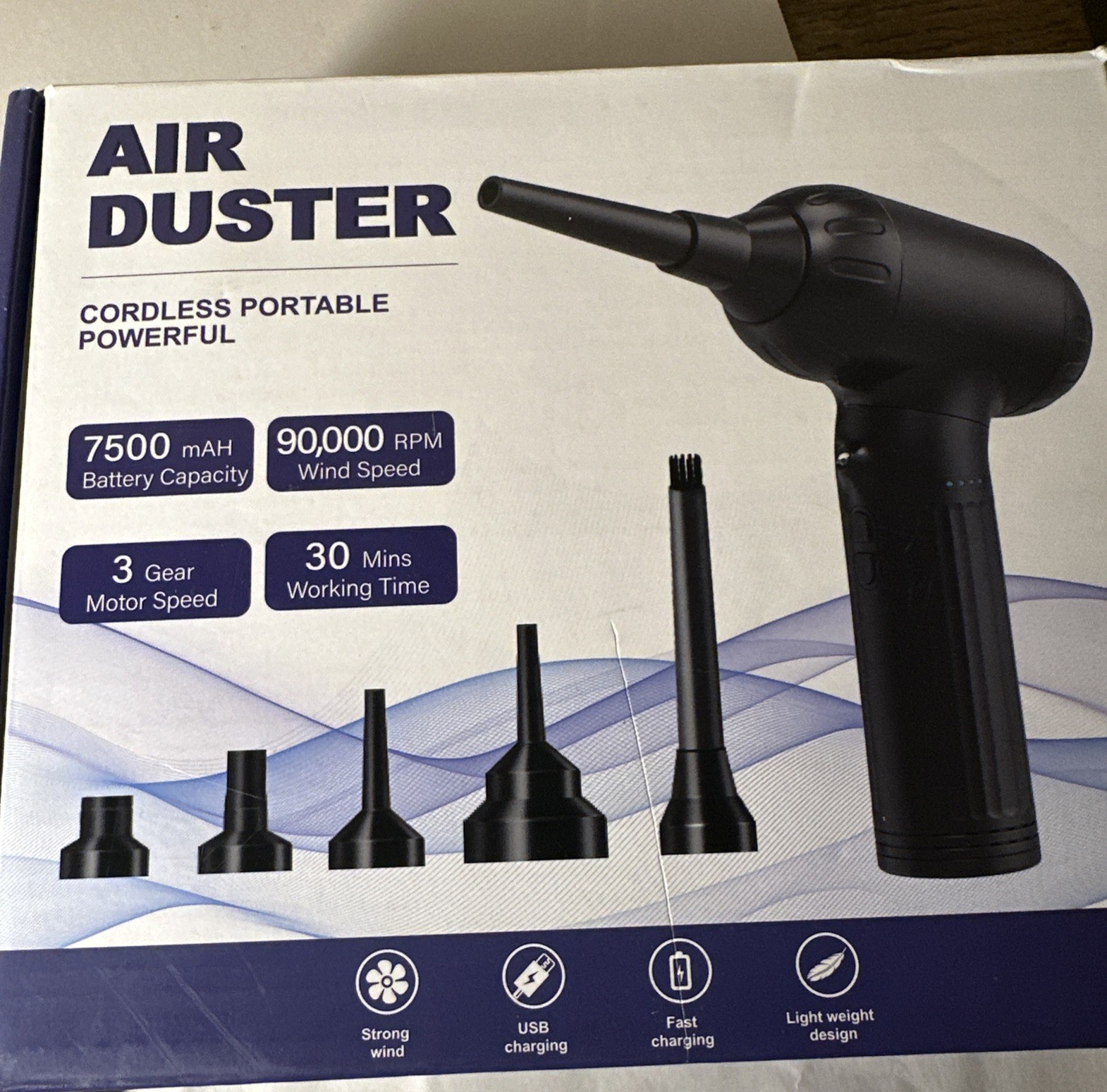 Cordless Air Duster 90,000 RPM Super Power, 3-Speed Blower, 30 Mins Working Time