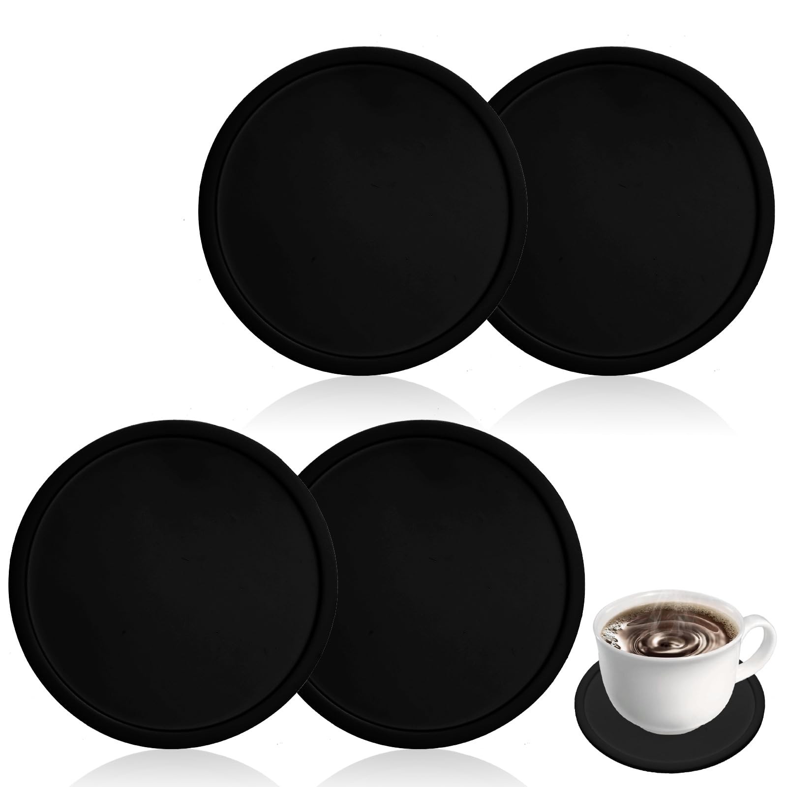 4pcs Silicone Drink Coasters, Non Slip Round Black Table Pads Desk Coasters A...